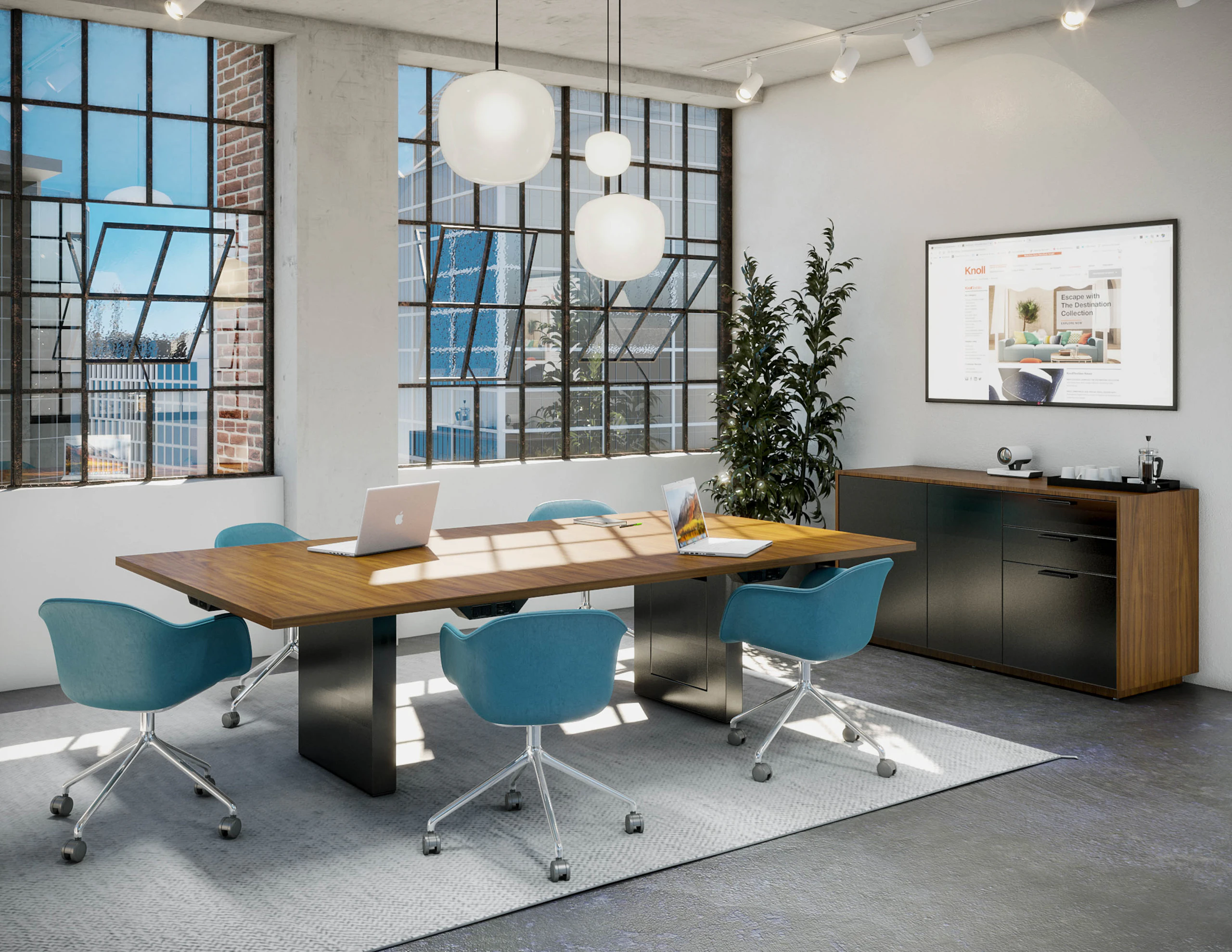 JD Conference Table with undermount technology in a conference room setting with the JD Credenza in the background.