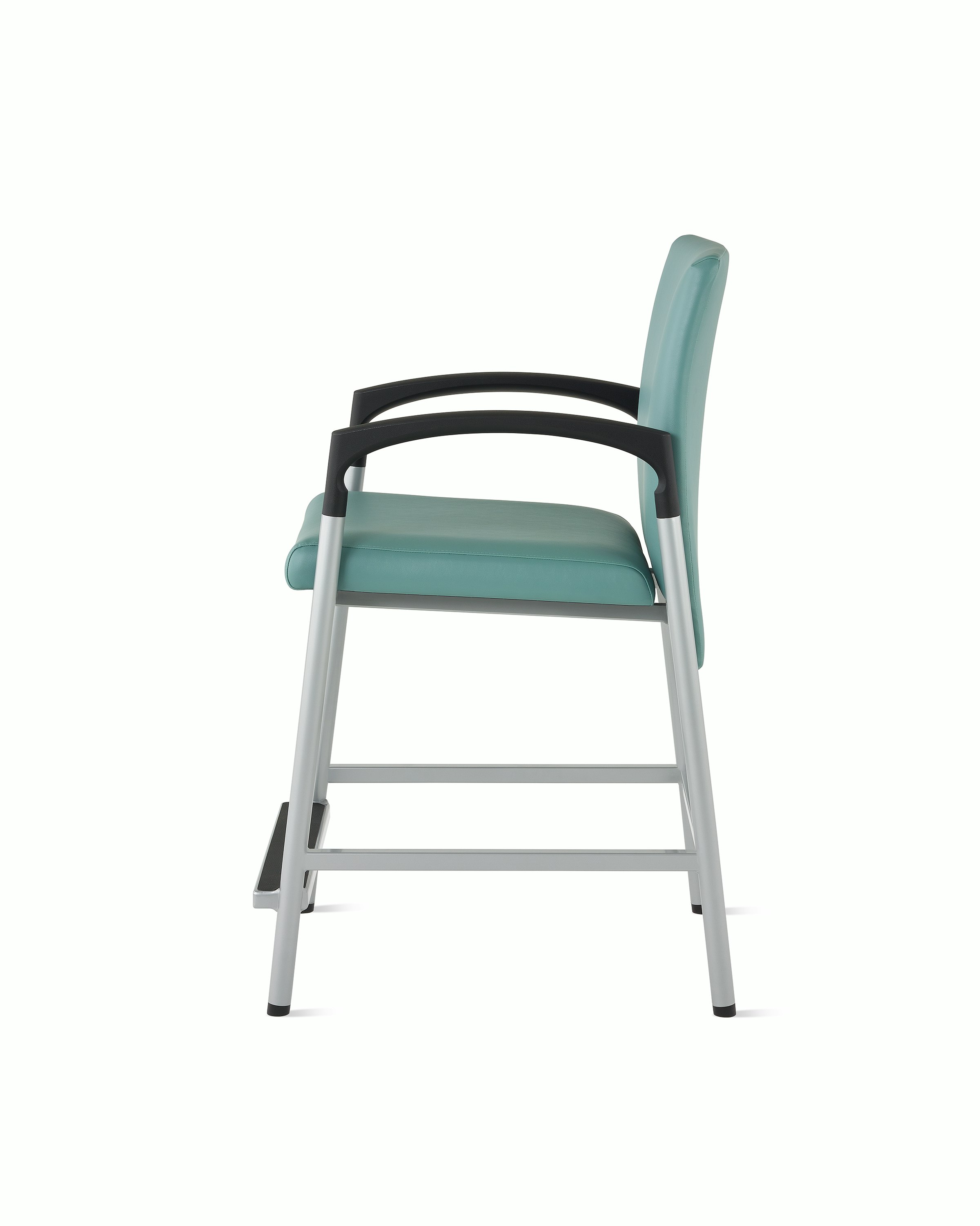 Side view of a Valor Easy Access chair in a blue-green upholstery with a silver frame and black armcaps on white sweep.
