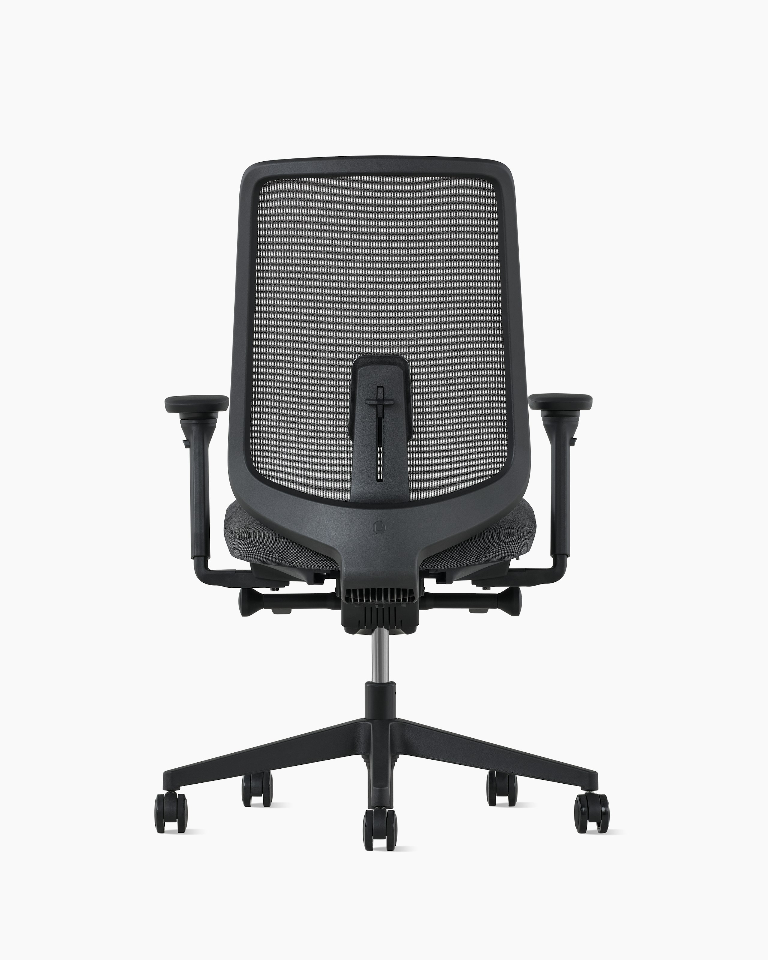 A black Verus Chair with adjustable lumbar support viewed from the back.