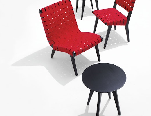 Risom side chair, stool, lounge chair and table in ebonized maple with red webbed seats
