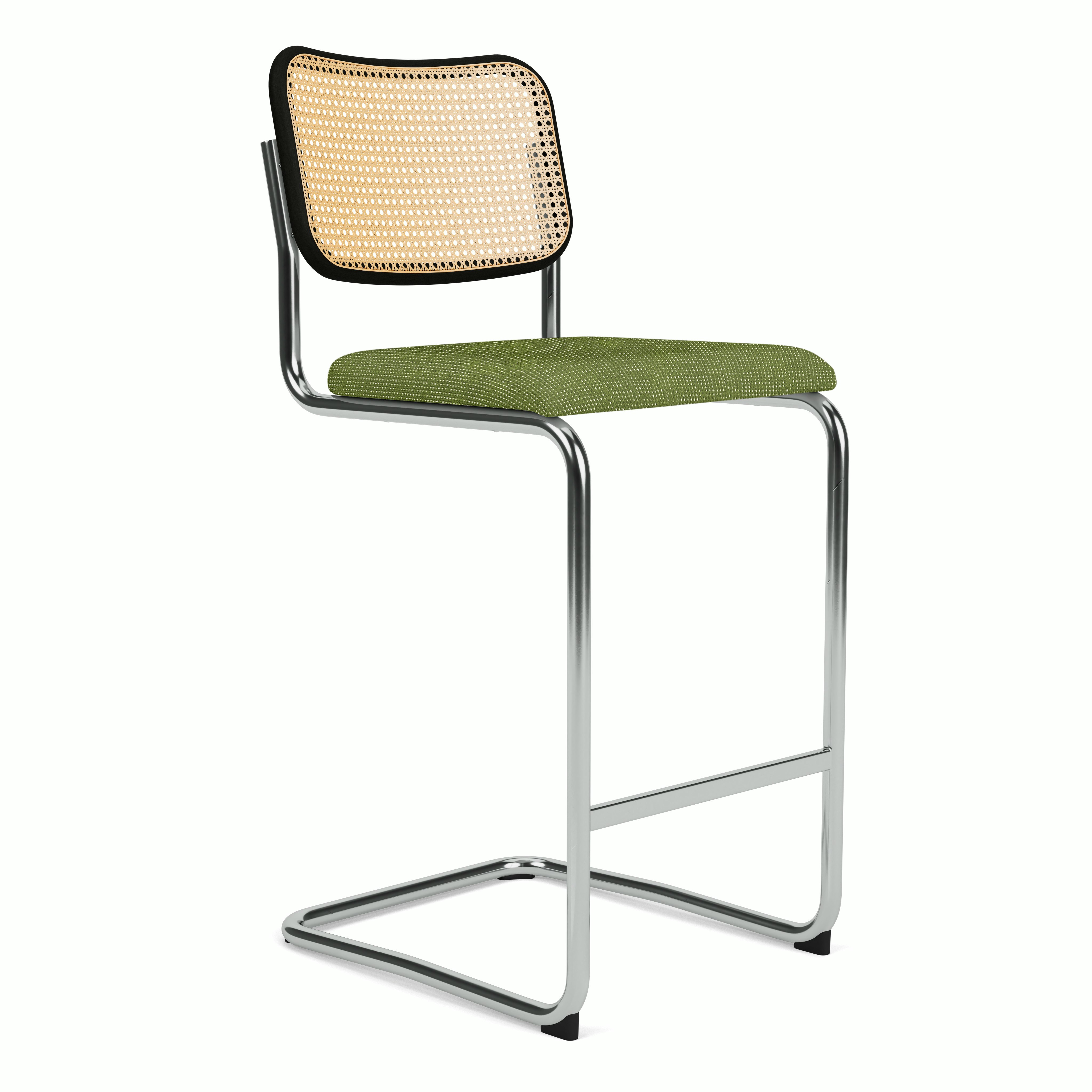 Cesca Bar Stool - Caned with Ebonized Beech Back,  Upholstered Seat,  Prestini,  Green and White
