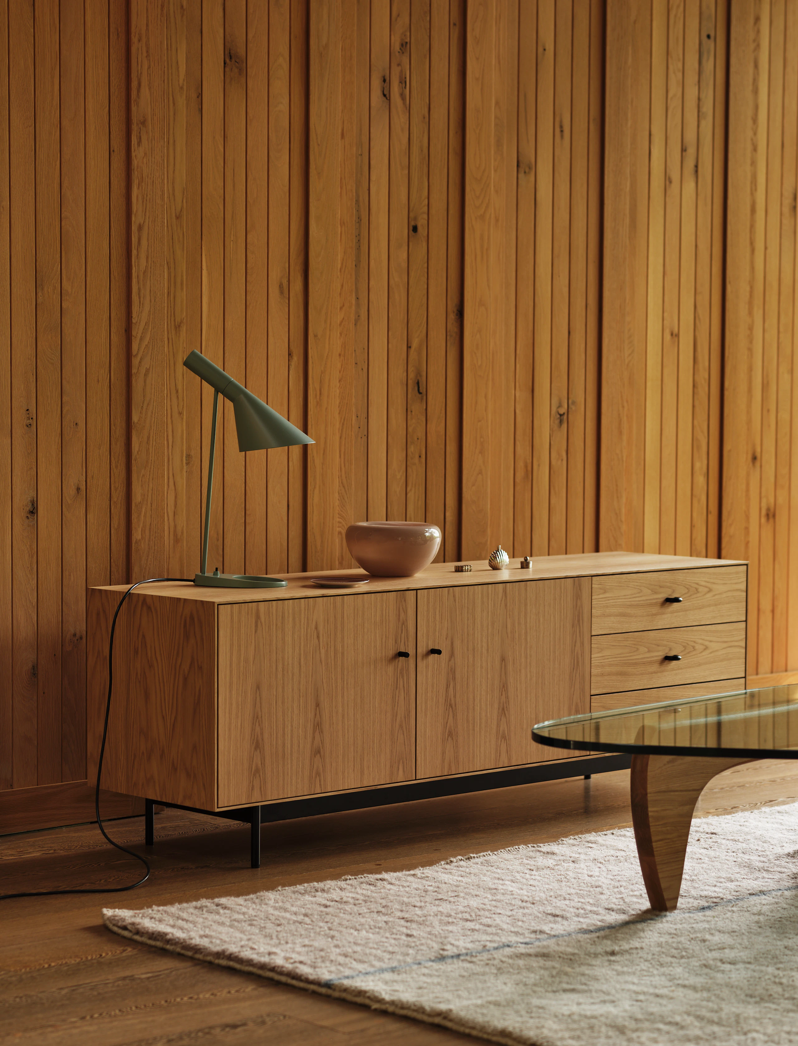 AJ Table Lamp and Loop Media Unit in Oak