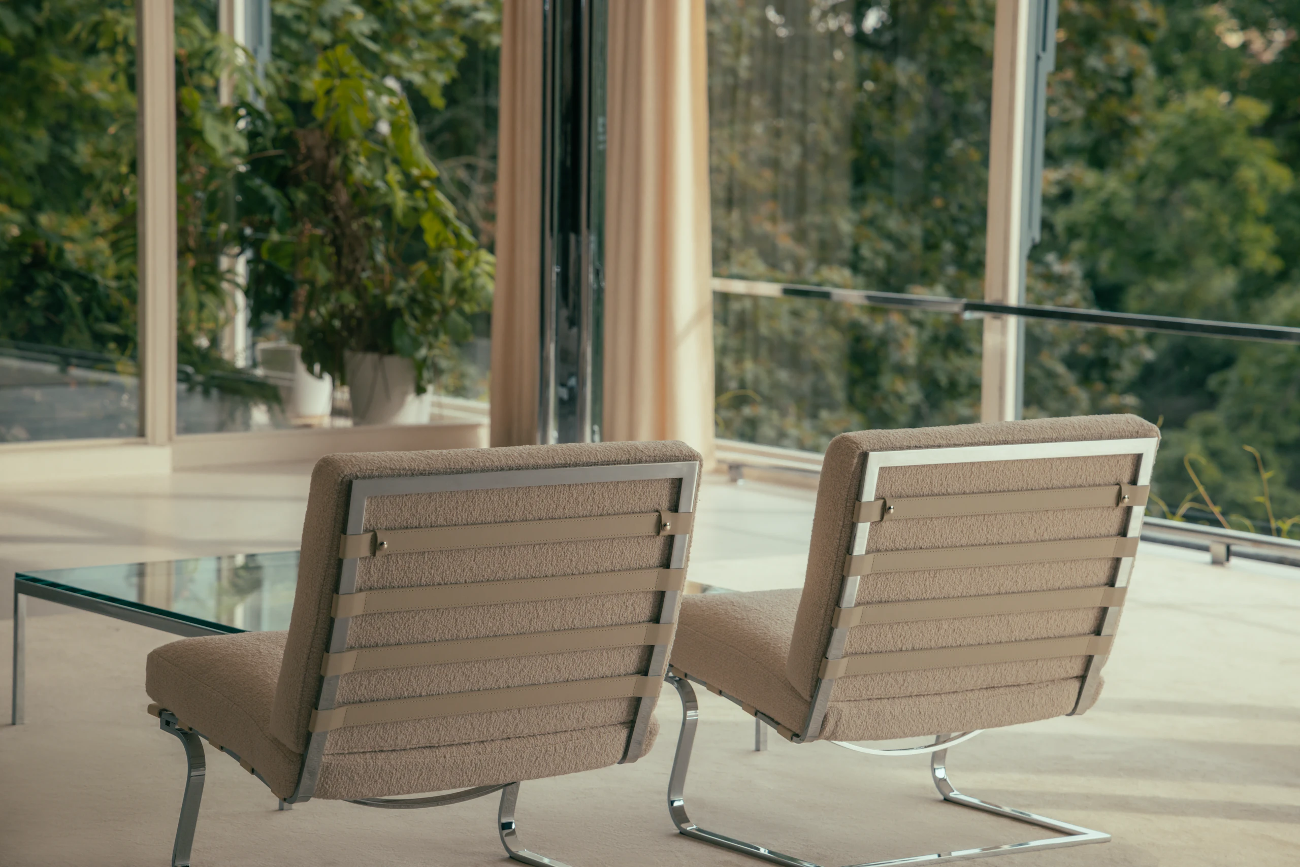 Tugendhat Lounge Chairs in cream upholstery and chrome base at Villa Tugendhat.