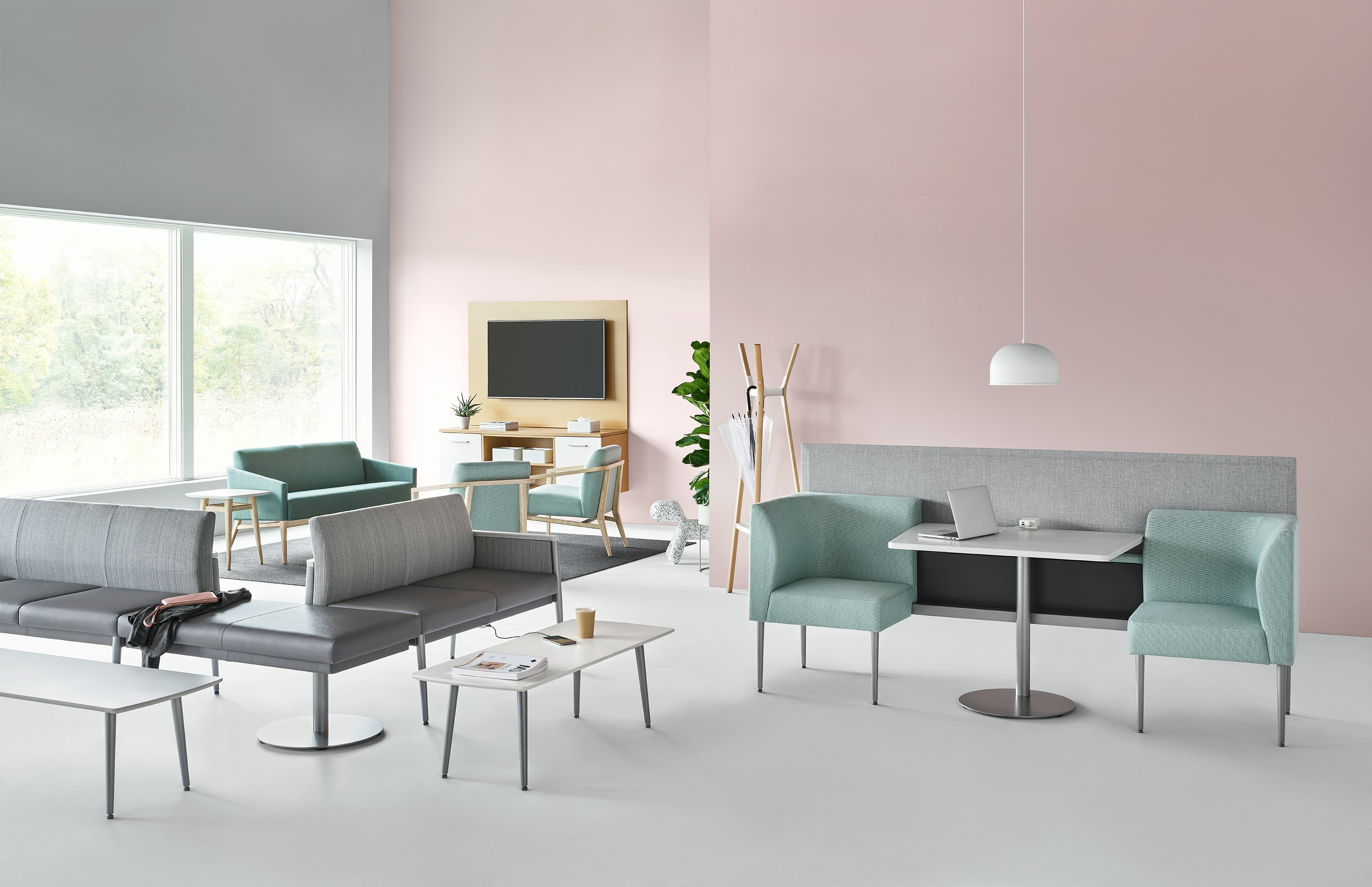 Waiting area with featuring products from the Nemschoff Palisade Collection, including Nemschoff Palisade Booths, Nemschoff Palisade Coffee Tables, Nemschoff Palisade Multiple Seating, Nemschoff Palisade Bench, Nemschoff Palisade Lounge Chair, Nemschoff Palisade Sofa, and Mora System casework.