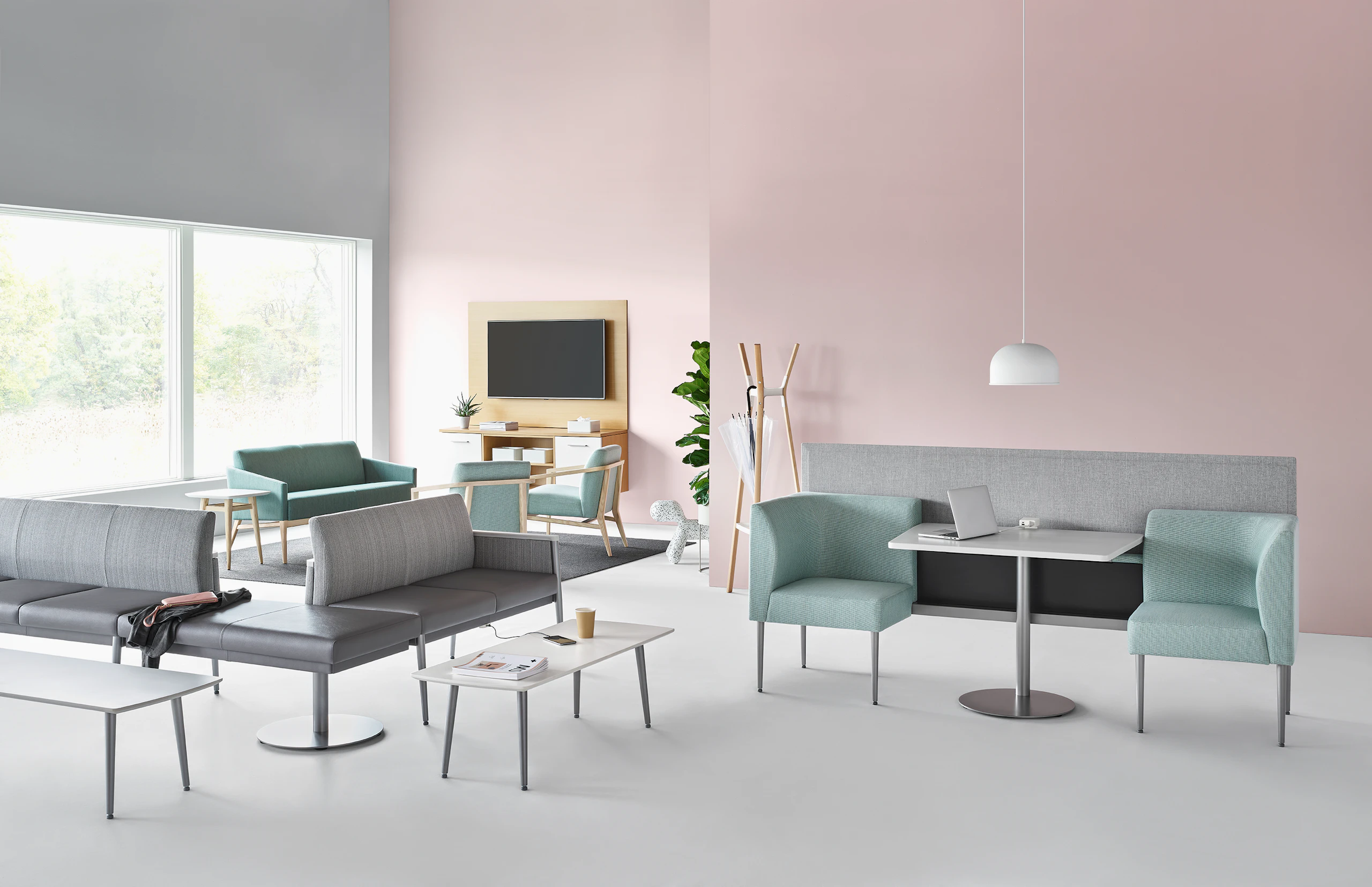 Waiting area with featuring products from the Nemschoff Palisade Collection, including Nemschoff Palisade Booths, Nemschoff Palisade Coffee Tables, Nemschoff Palisade Multiple Seating, Nemschoff Palisade Bench, Nemschoff Palisade Lounge Chair, Nemschoff Palisade Sofa, and Mora System casework.