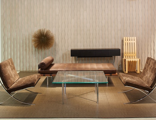 NeoCon 2015 waiting area Activity Space Ludwig Mies van der Rohe Harry Bertoia Frank Gehry Spinneybeck Leather wallcovering Barcelona Collection Barcelona Chair Barcelona Table Barcelona Couch day bed