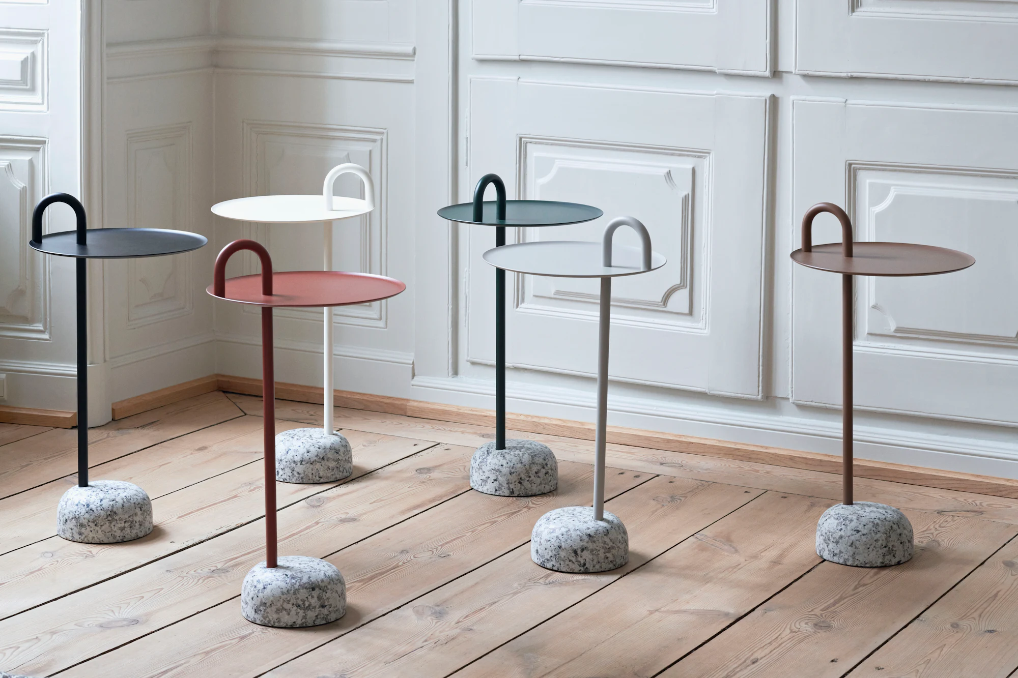 Bowler side tables shown in multiple colors