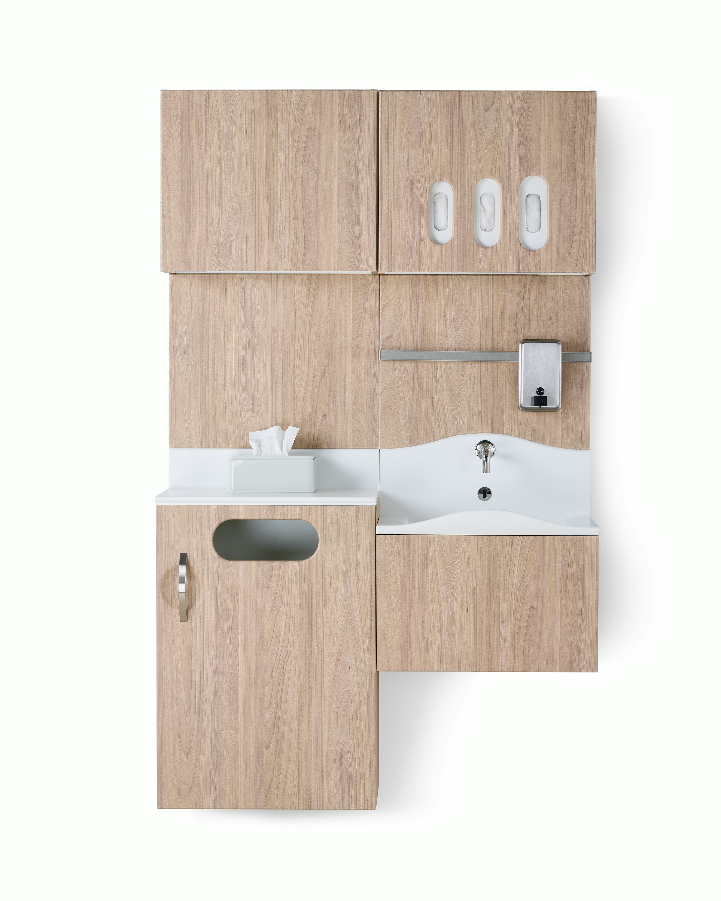 Compass System in a medium wood finish with white Corian sink and surface, trash bin, and upper storage with glove storage.