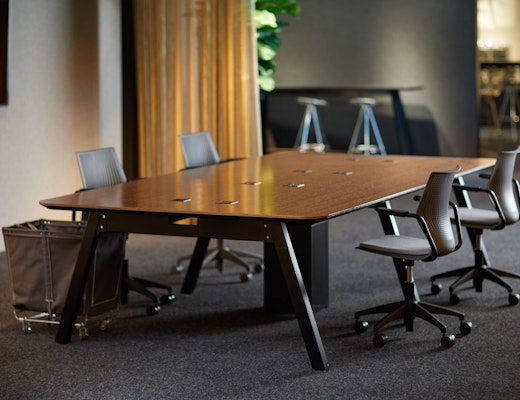 Rockwell Unscripted rockwell unscripted sawhorse table multigeneration by knoll light task soft storage bins immersive planning formway design neocon 2017 ebonized oak leg