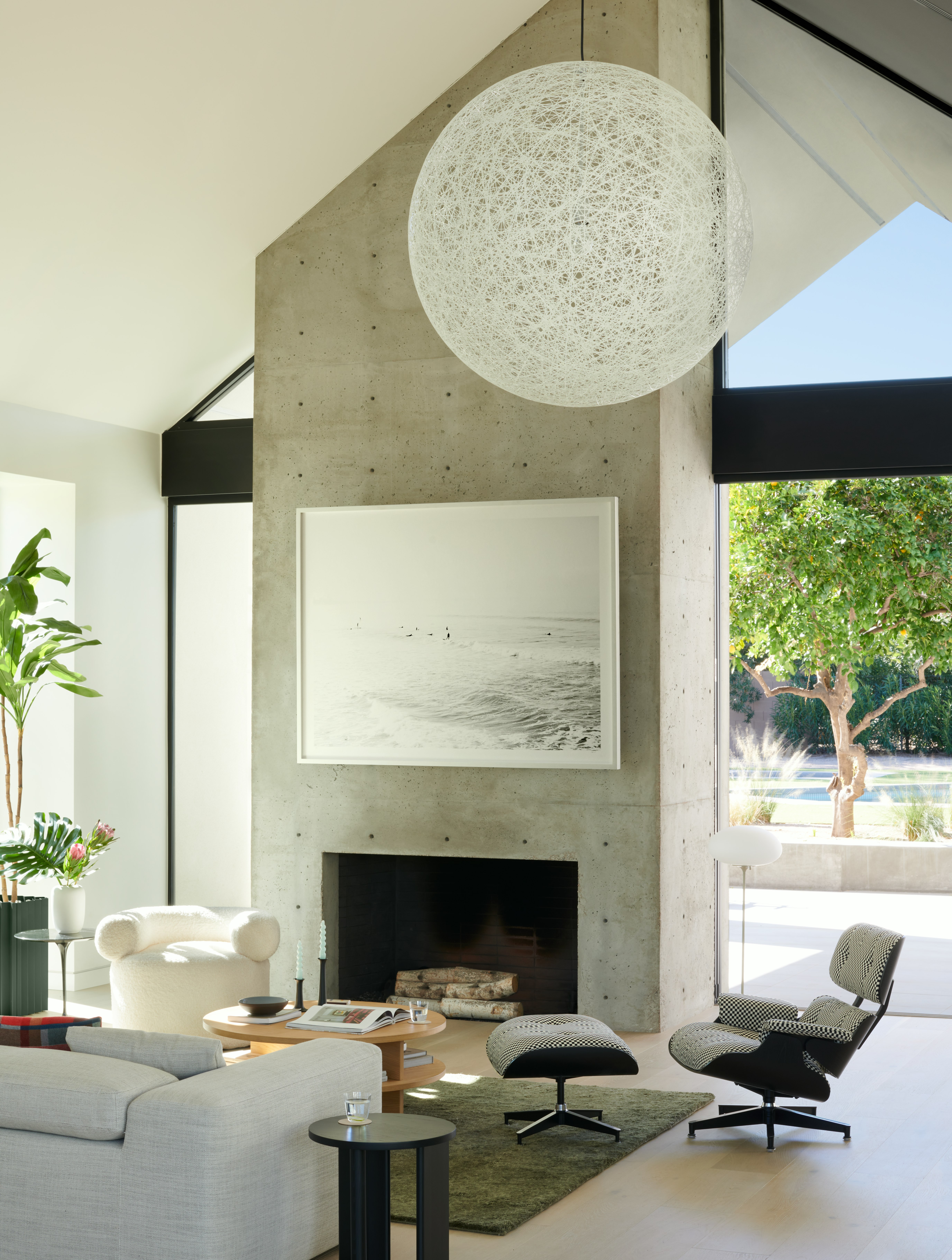 Kelston Sectional, Eames Lounge and Ottoman, Surf No. 28 by Cas Friese,  Random Light,  Stemlite Floor Lamp,  Huggy Swivel Chair,  Ruti Moroccan Wool Rug,  Risom Low Table