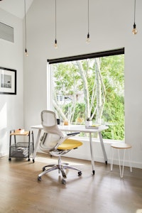 Generation by Knoll; Rockwell Unscripted Easy Table; Rockwell Unscripted Mobile Storage Cart; Sparrow Desktop Light; Florence Knoll Hairpin Table