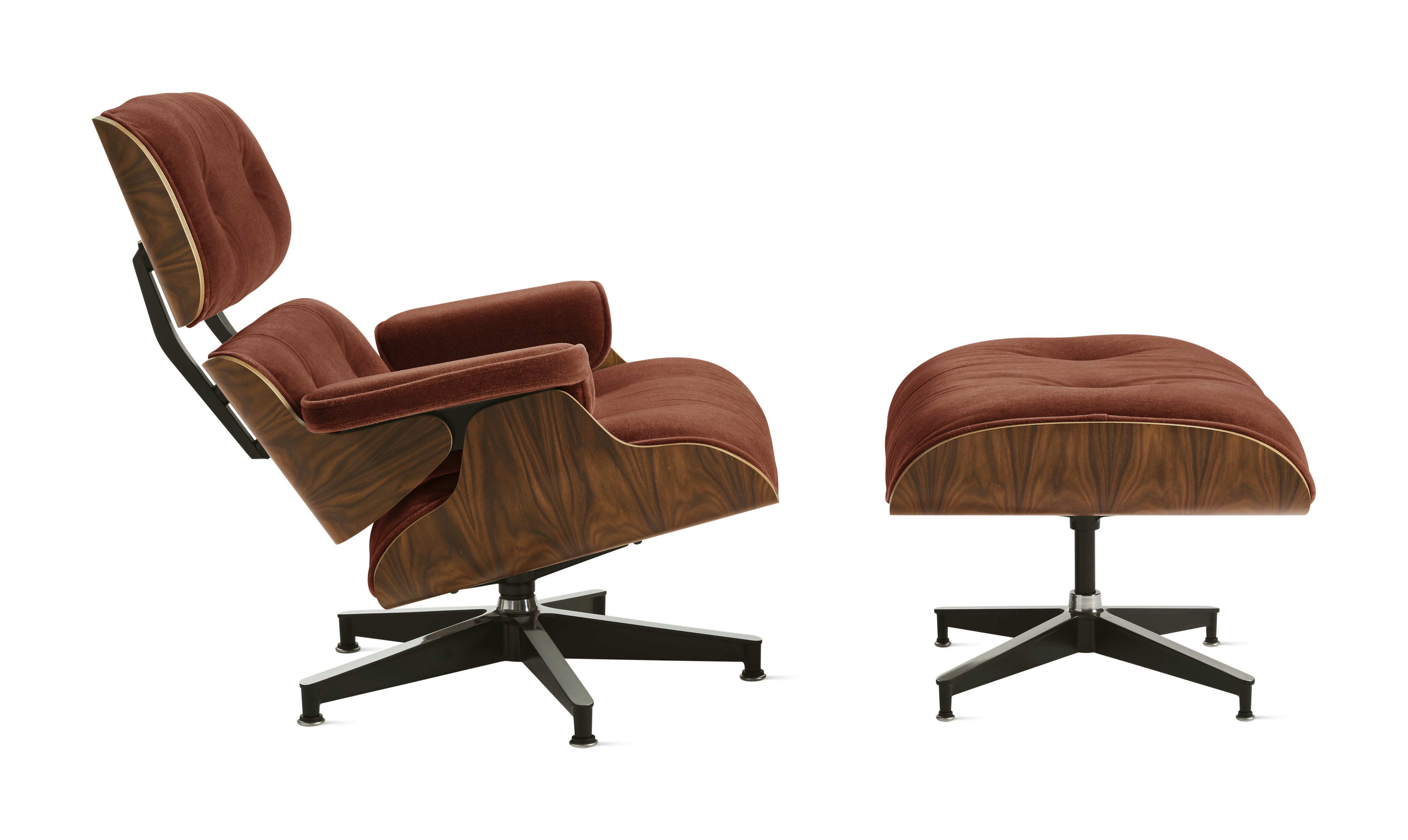 Eames Lounge & Ottoman  - Oiled Walnut,  Mohair Supreme,  Brandy