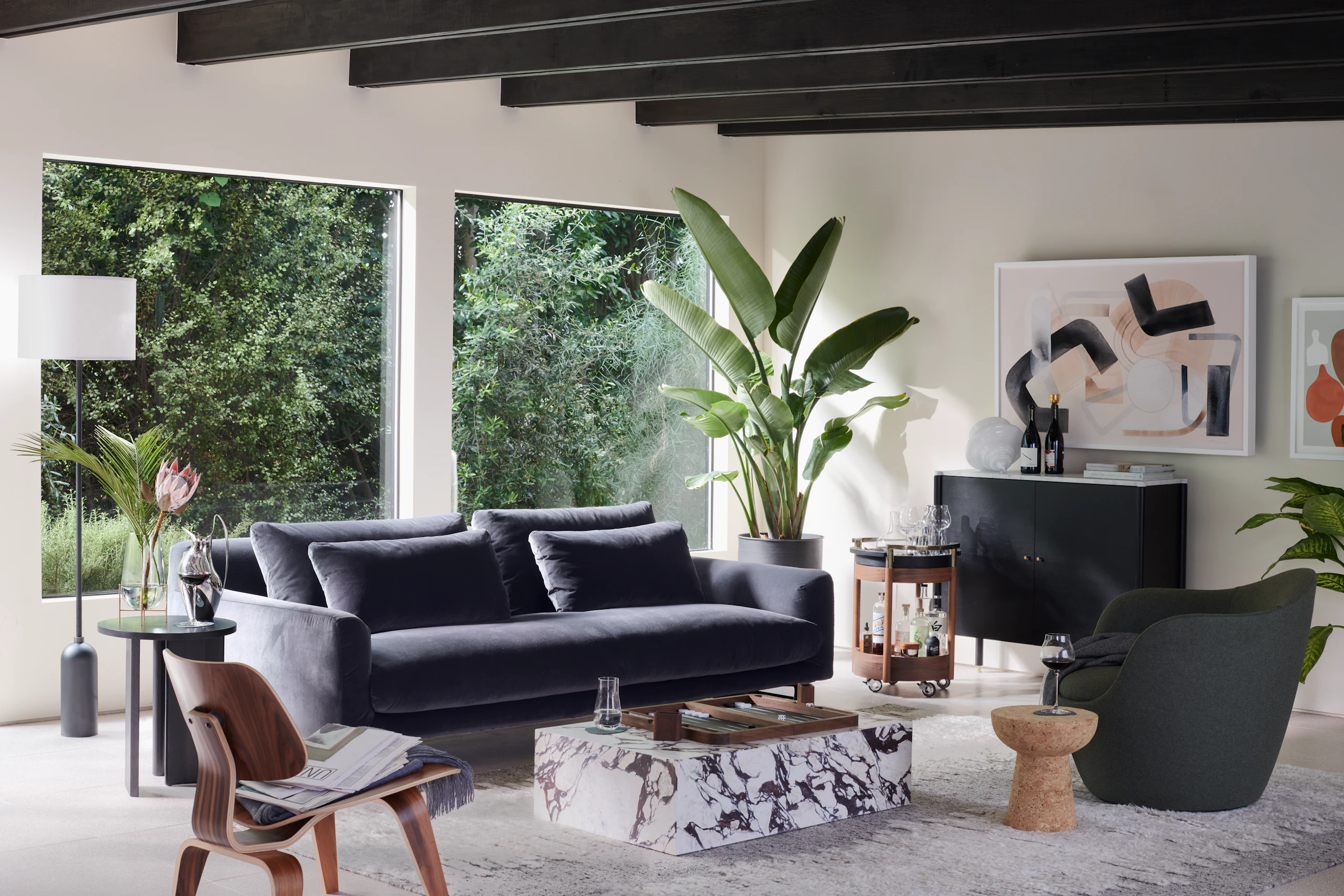 Lecco Sofa, Plinth Coffee Table, Lina Swivel and Eames LCW