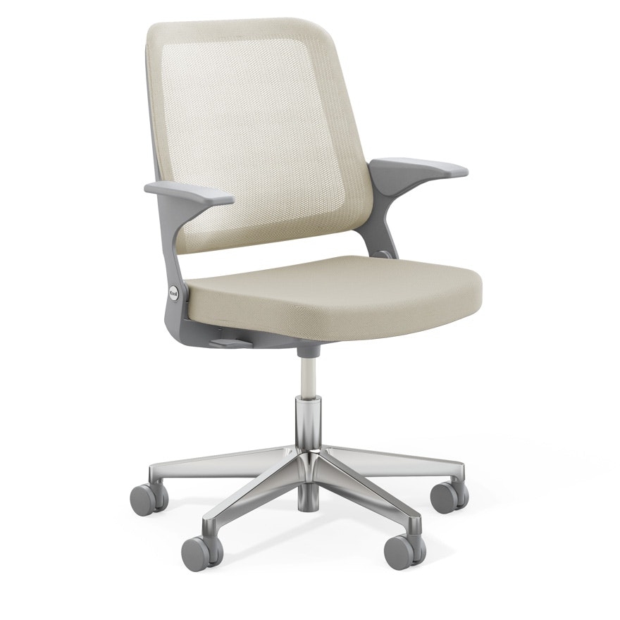 Ollo Chair - Arms, Husk, Husk, Medium Grey, Polished Aluminum, Soft Casters