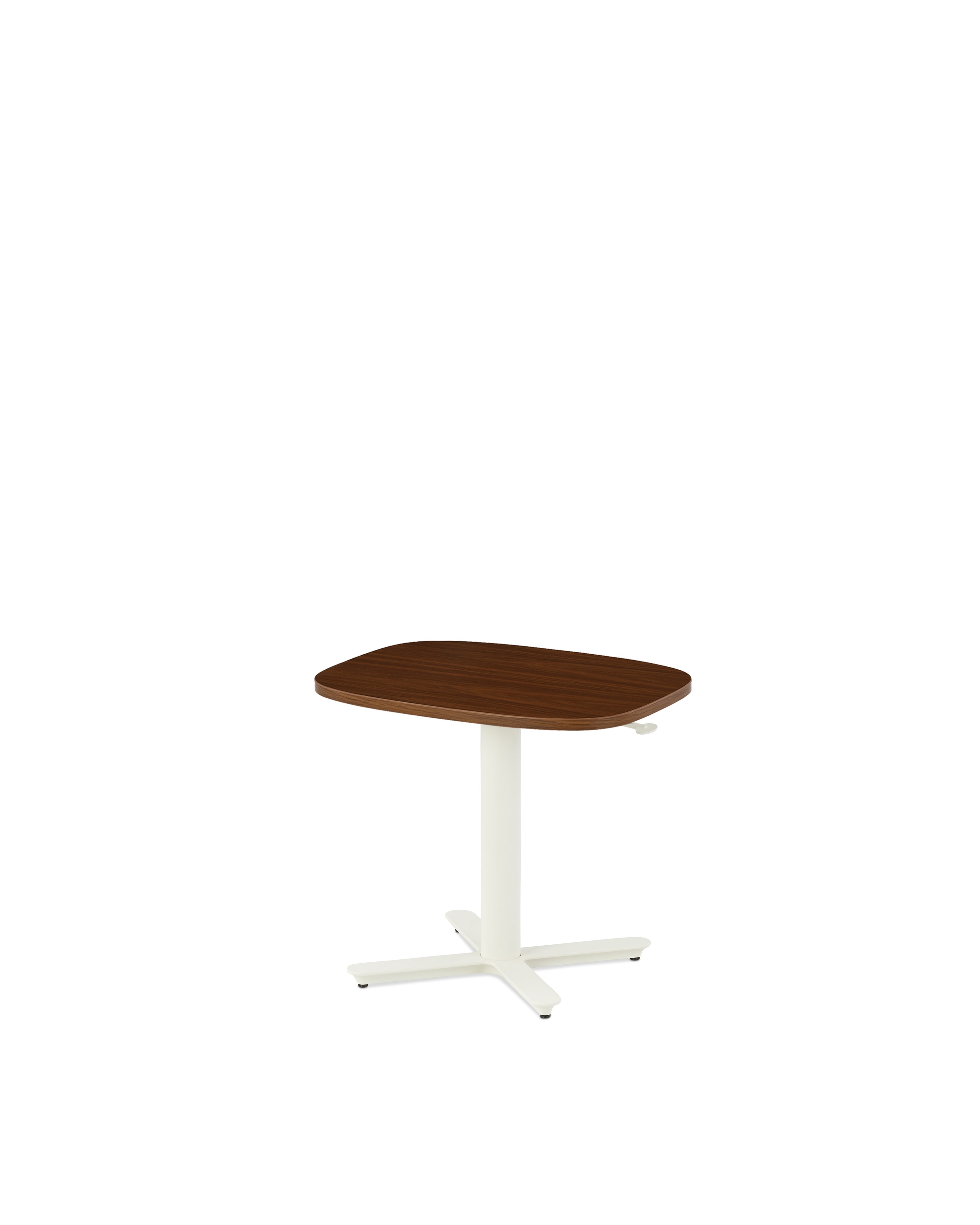 Small Passport Work table with walnut top, white base and glides 