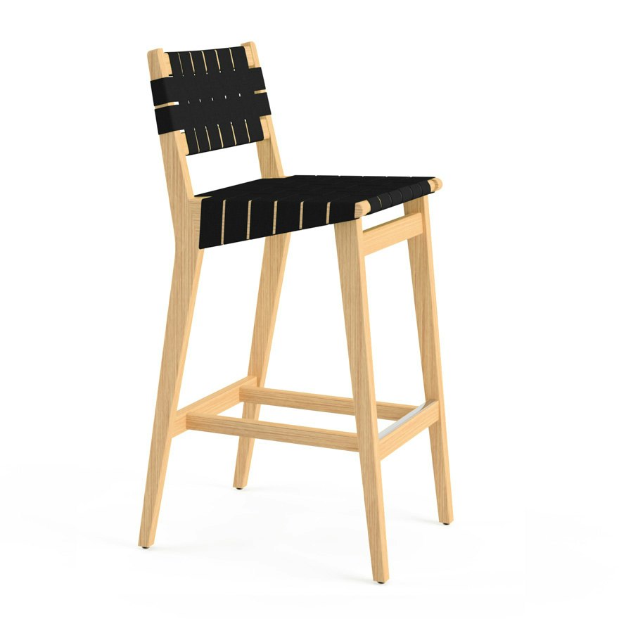 Risom Stool - Bar Height, Maple, Polished Aluminum, Carbon Sunbrella
