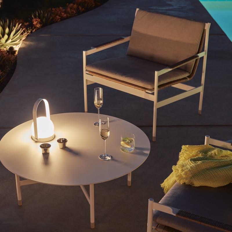Carrie Portable LED Lantern with Sommer Coffee Table and Sommer Lounge Chair 