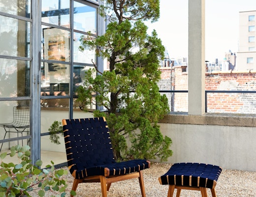 Risom lounge chair ottoman navy sunbrella webbing teak outdoor 