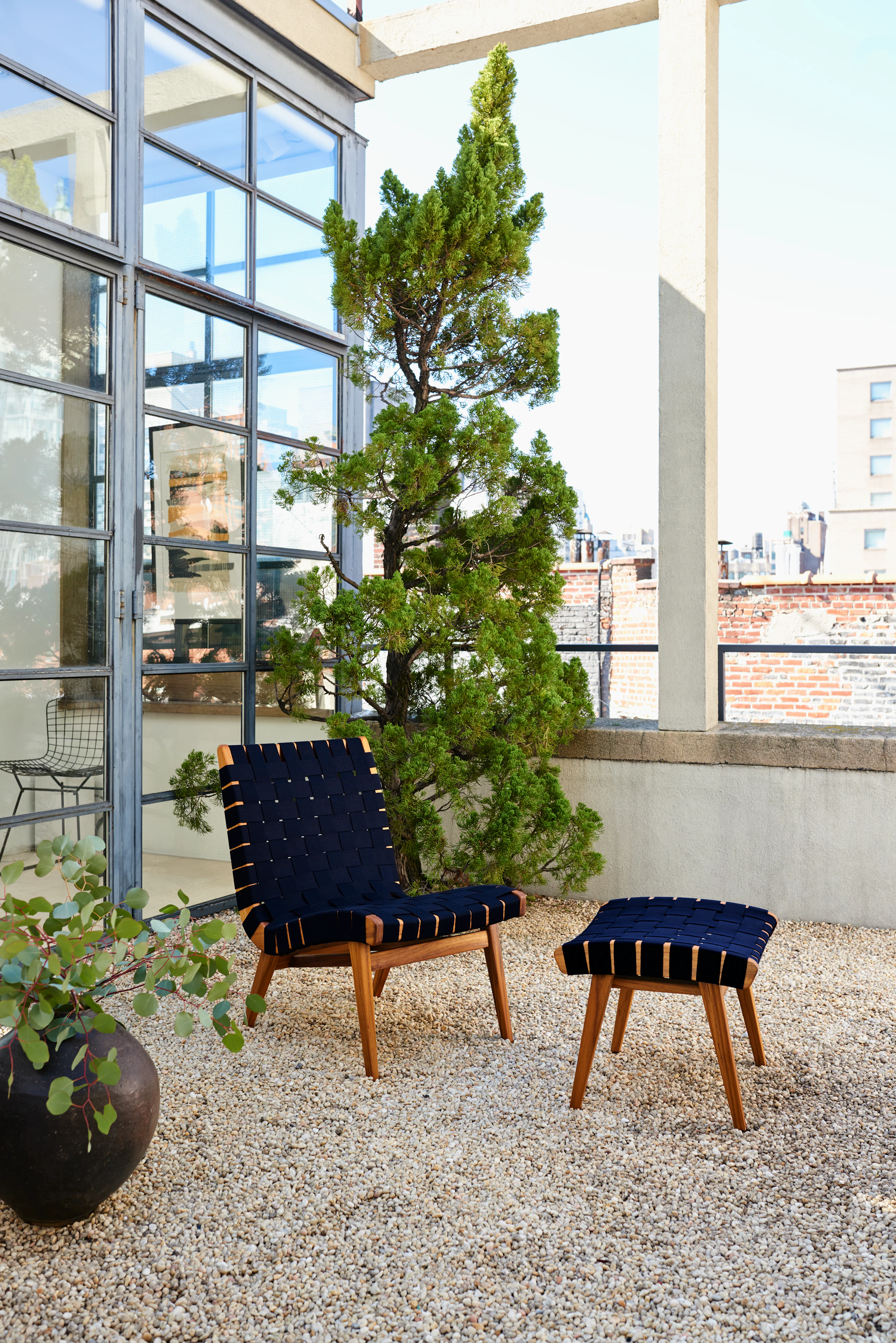 Risom lounge chair ottoman navy sunbrella webbing teak outdoor