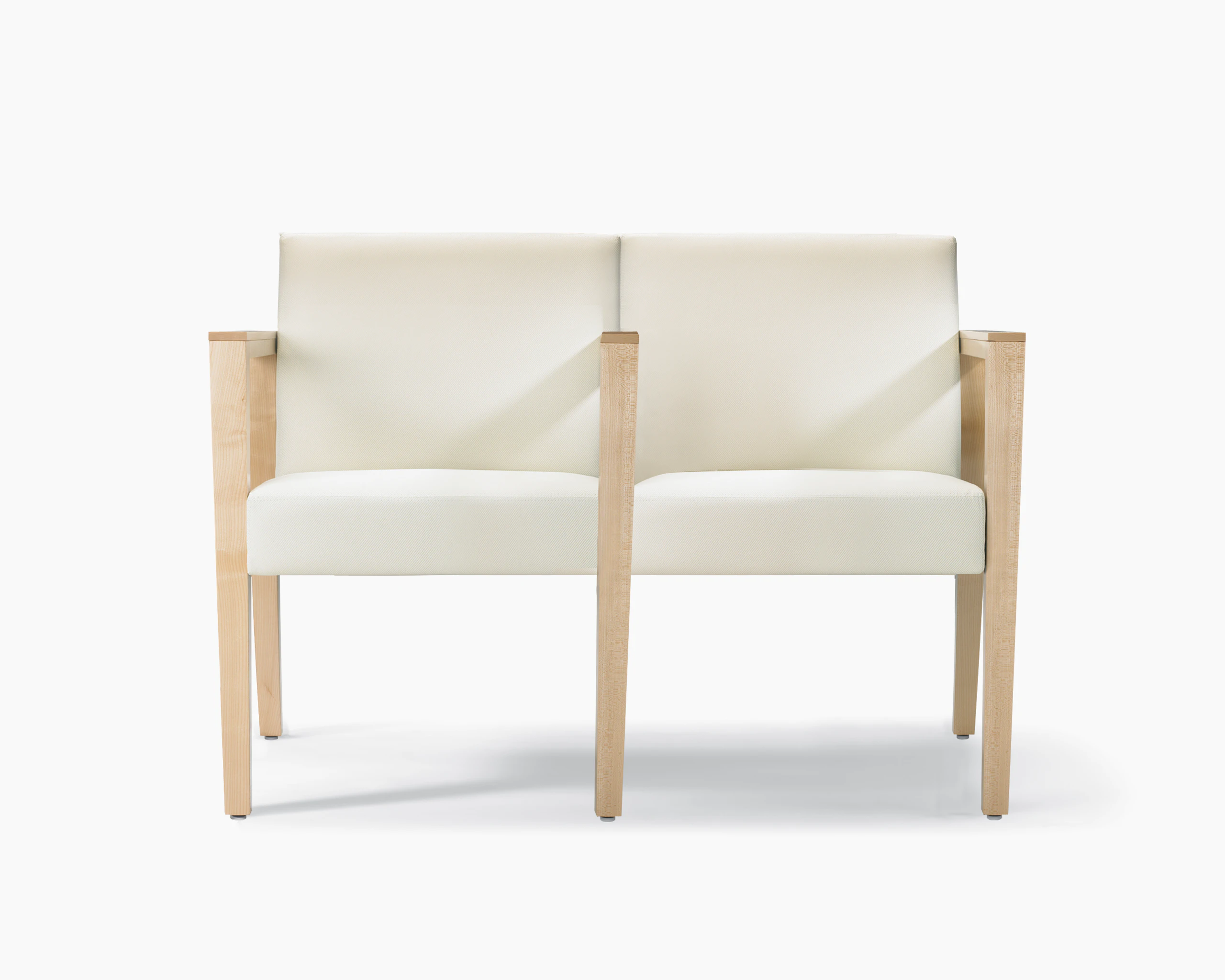 A front view of a Brava 863 two-seat multiple and tandem chair with intervening arms and legs upholstered in white textile with solid maple arms and legs.