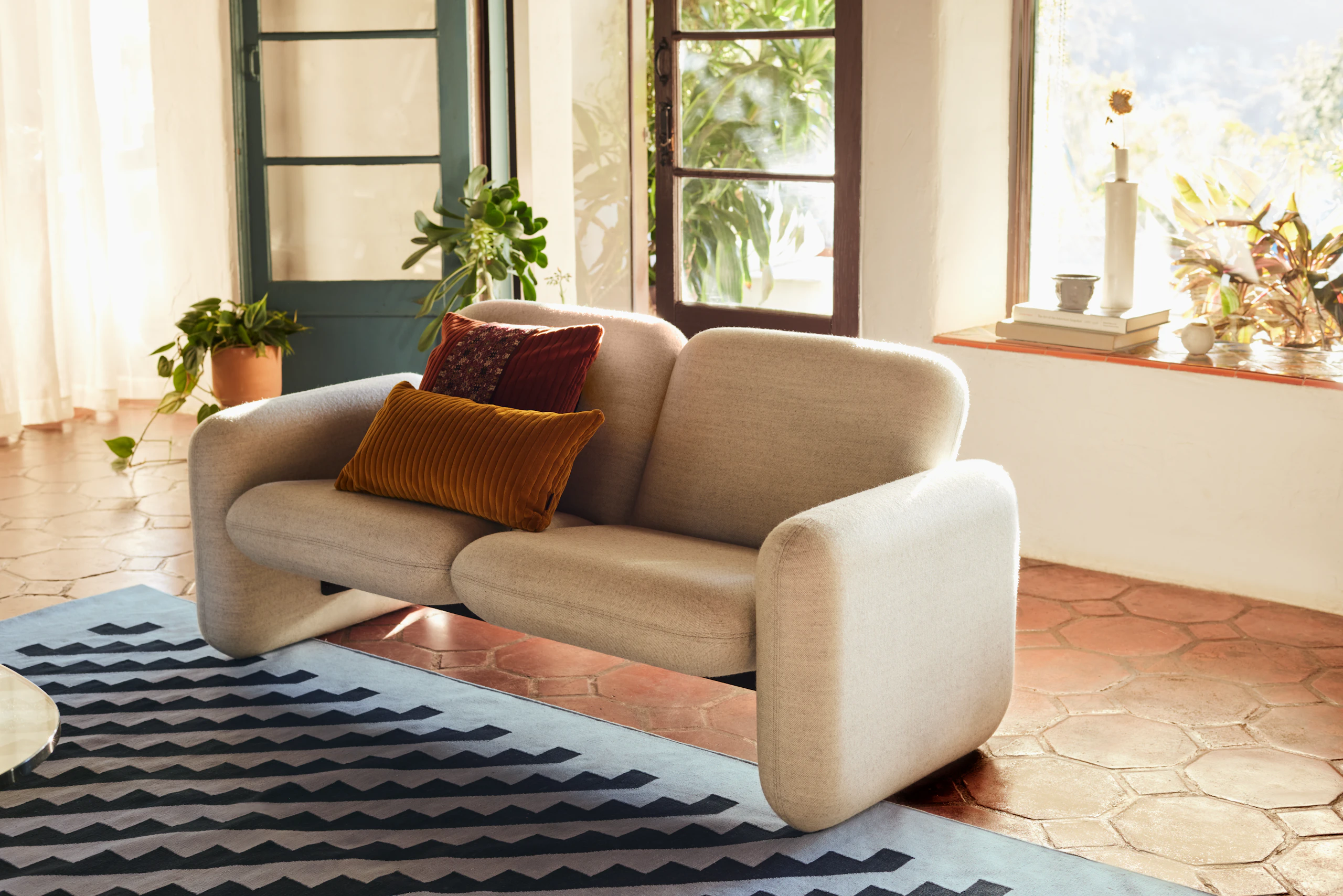 Wilkes Modular Sofa Group Sofa, Girard Steps Rug, and Wide Corduroy Pillows