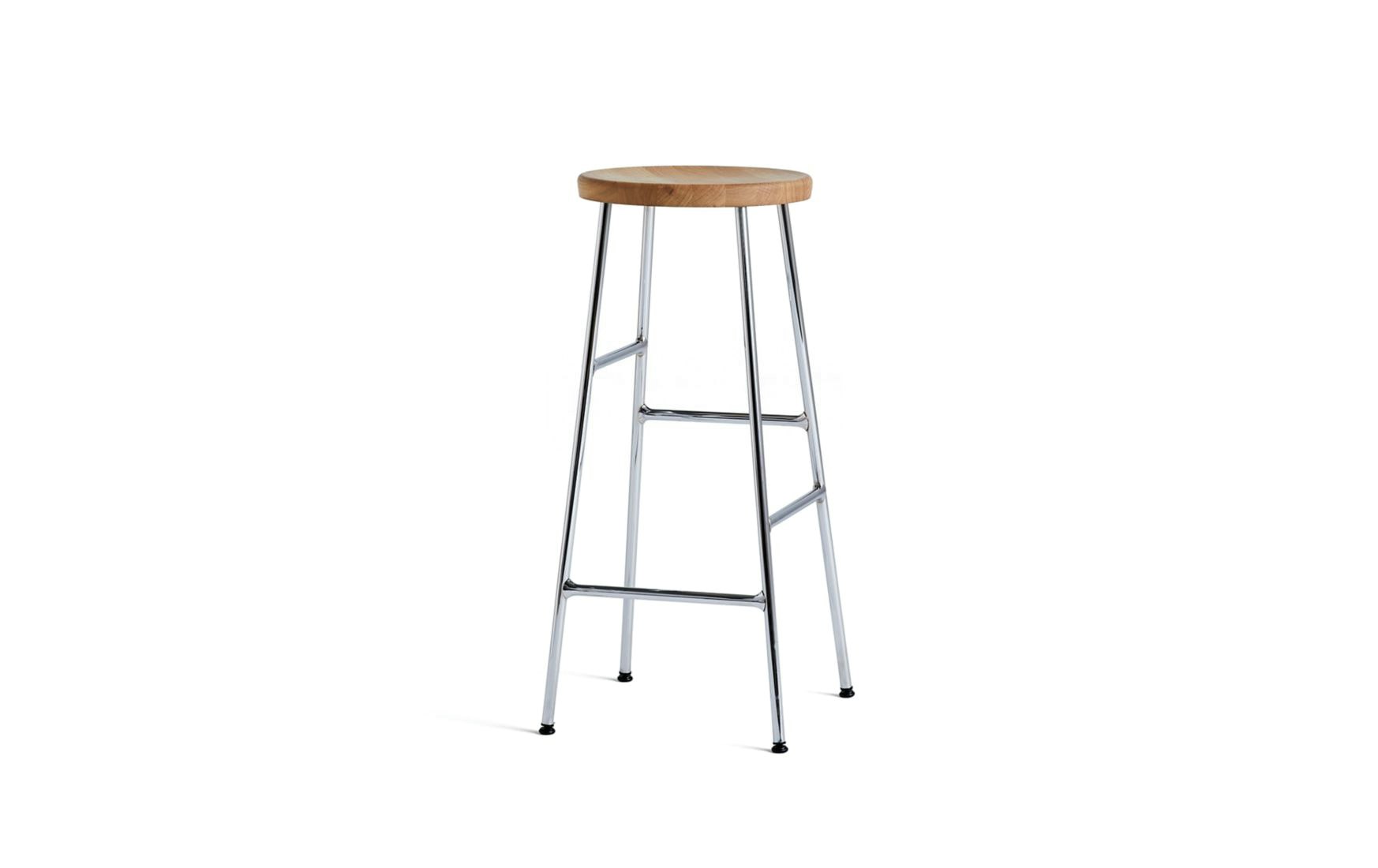 A front angle view of the Cornet Barstool with oak seat and chrome leg base.