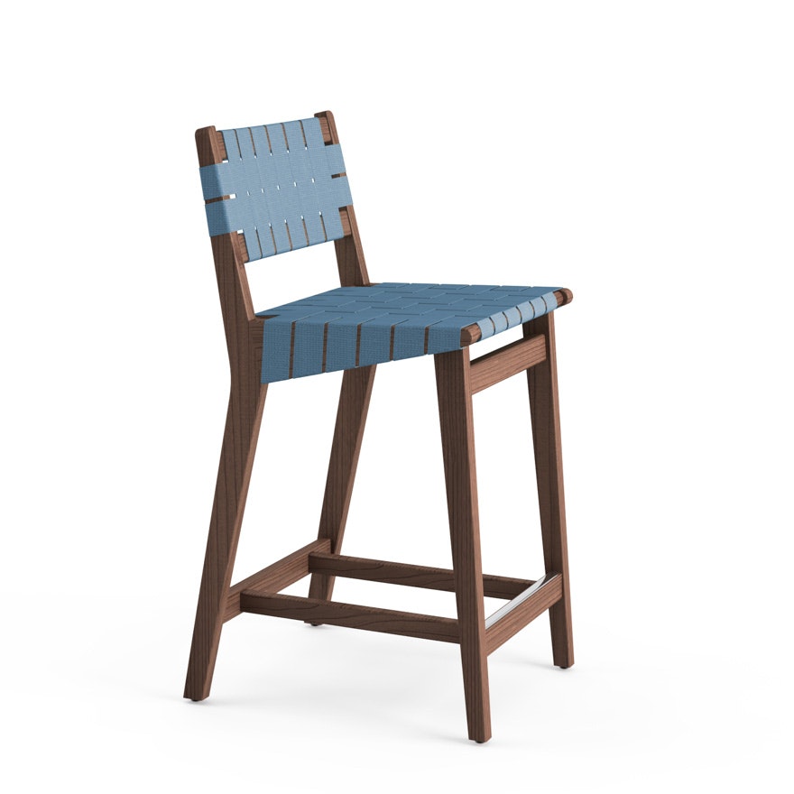 Risom Stool - Counter Height, Walnut, Polished Aluminum, Steel Blue Cotton