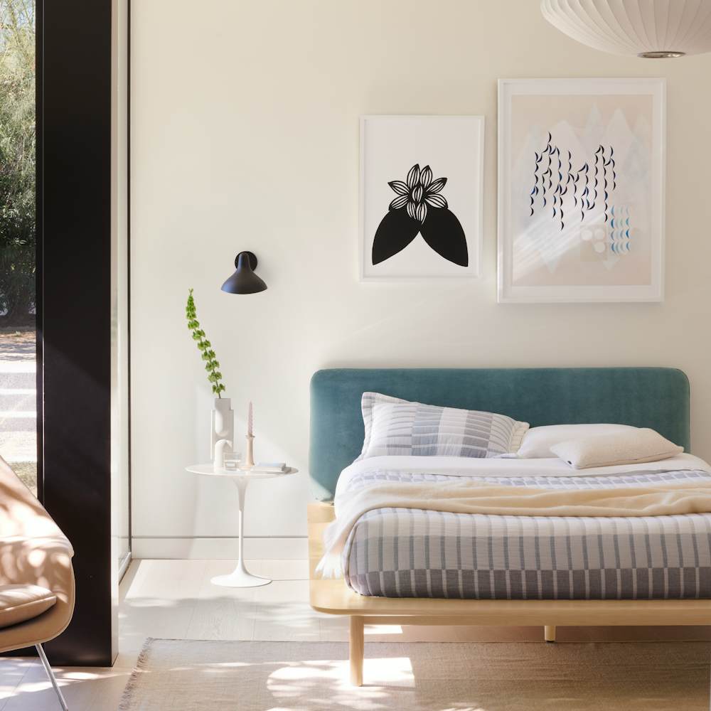 Miro Bed, Floralia by Stacey Beach, Drift 3 by Lydia Bassis, Saarinen Side Table, Kala Vase, Mantis BS5 SW Sconce, Dusen Dusen Band Bedding, Avoca Mohair Throw Blankets