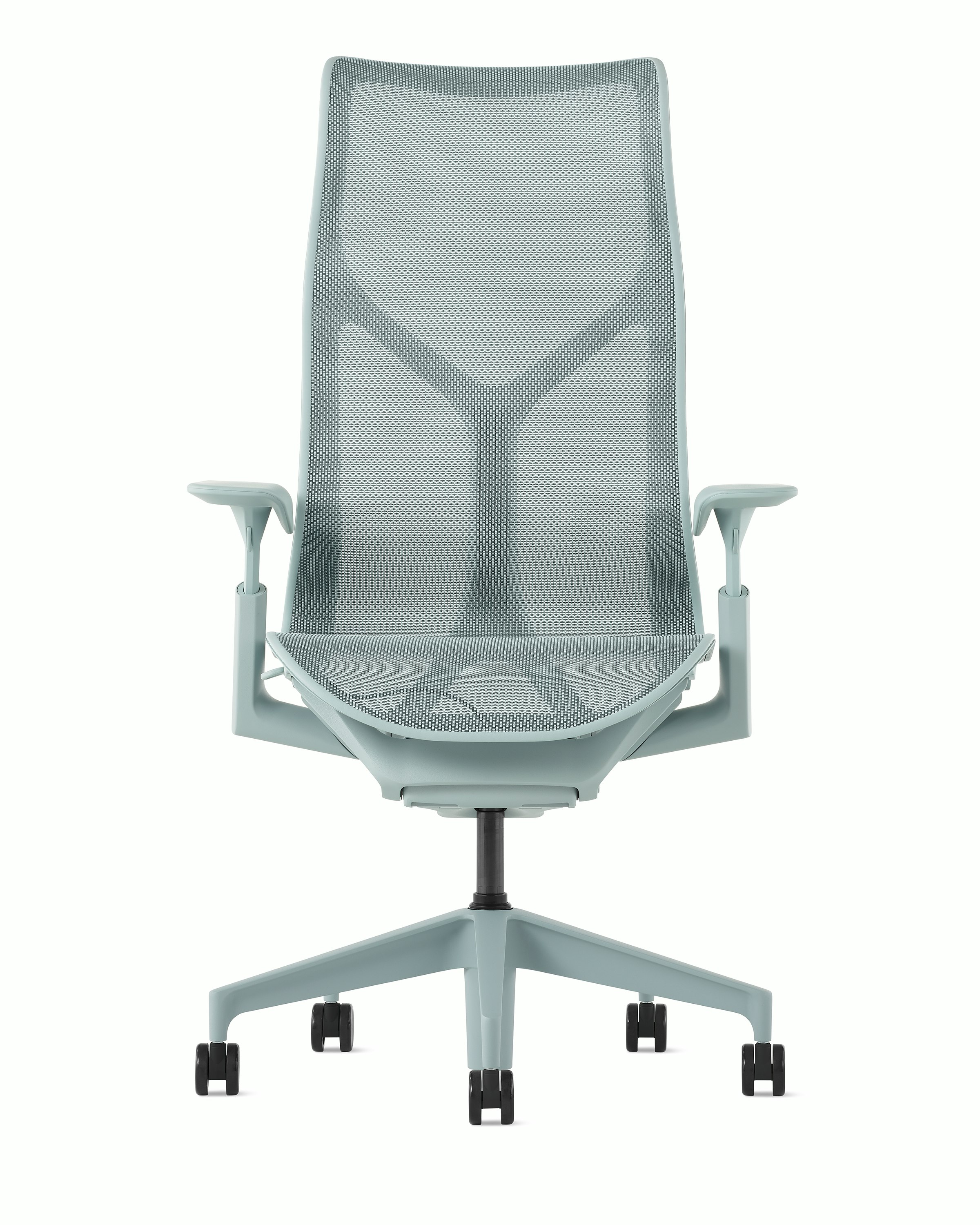 A Cosm high-back, glacier chair with height-adjustable arms.