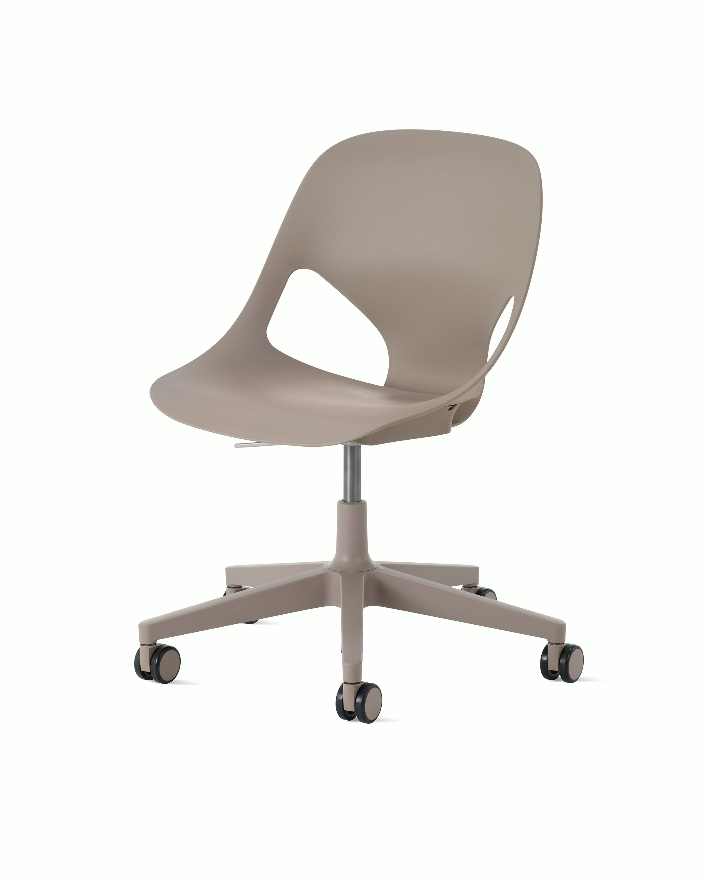 Front angle view of a light brown armless Zeph chair.