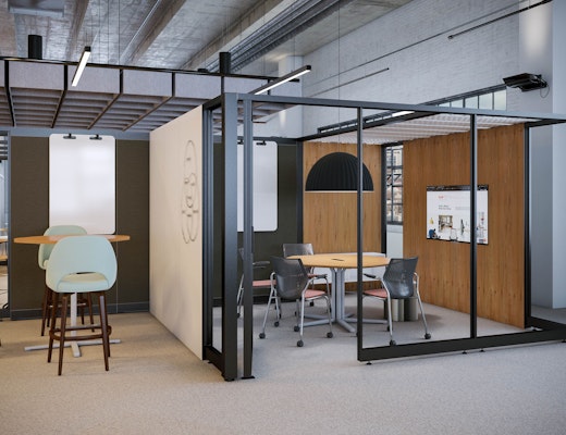 rockwell unscripted creative wall, islands collection by knoll x-base table bar height saarinen executive barstool islands mx-base table multigeneration by knoll chairs, muuto under the bell pendant lamp, thriving workplace, free zone, hybrid meeting