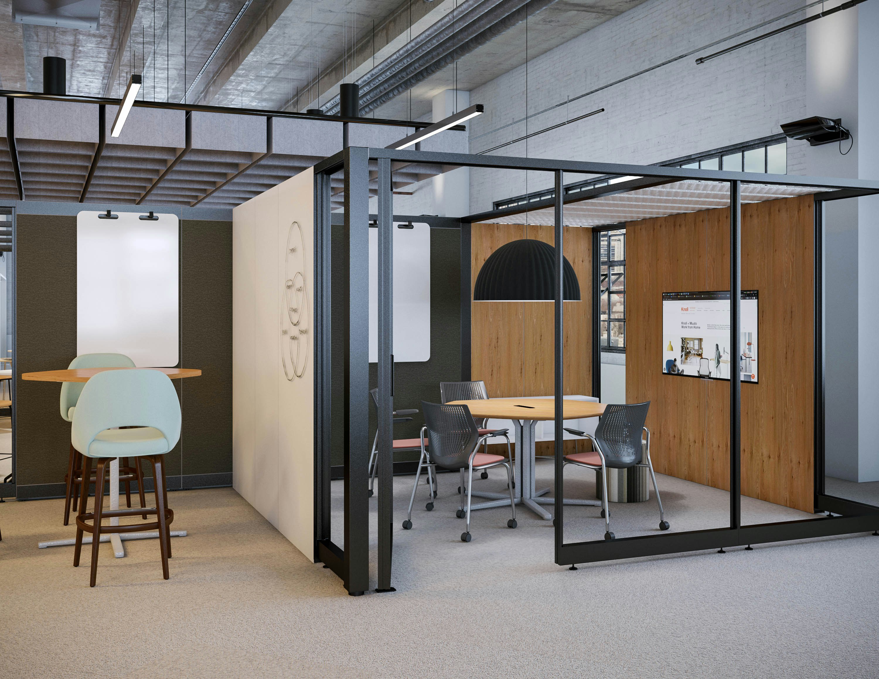 rockwell unscripted creative wall, islands collection by knoll x-base table bar height saarinen executive barstool islands mx-base table multigeneration by knoll chairs, muuto under the bell pendant lamp, thriving workplace, free zone, hybrid meeting, ideation