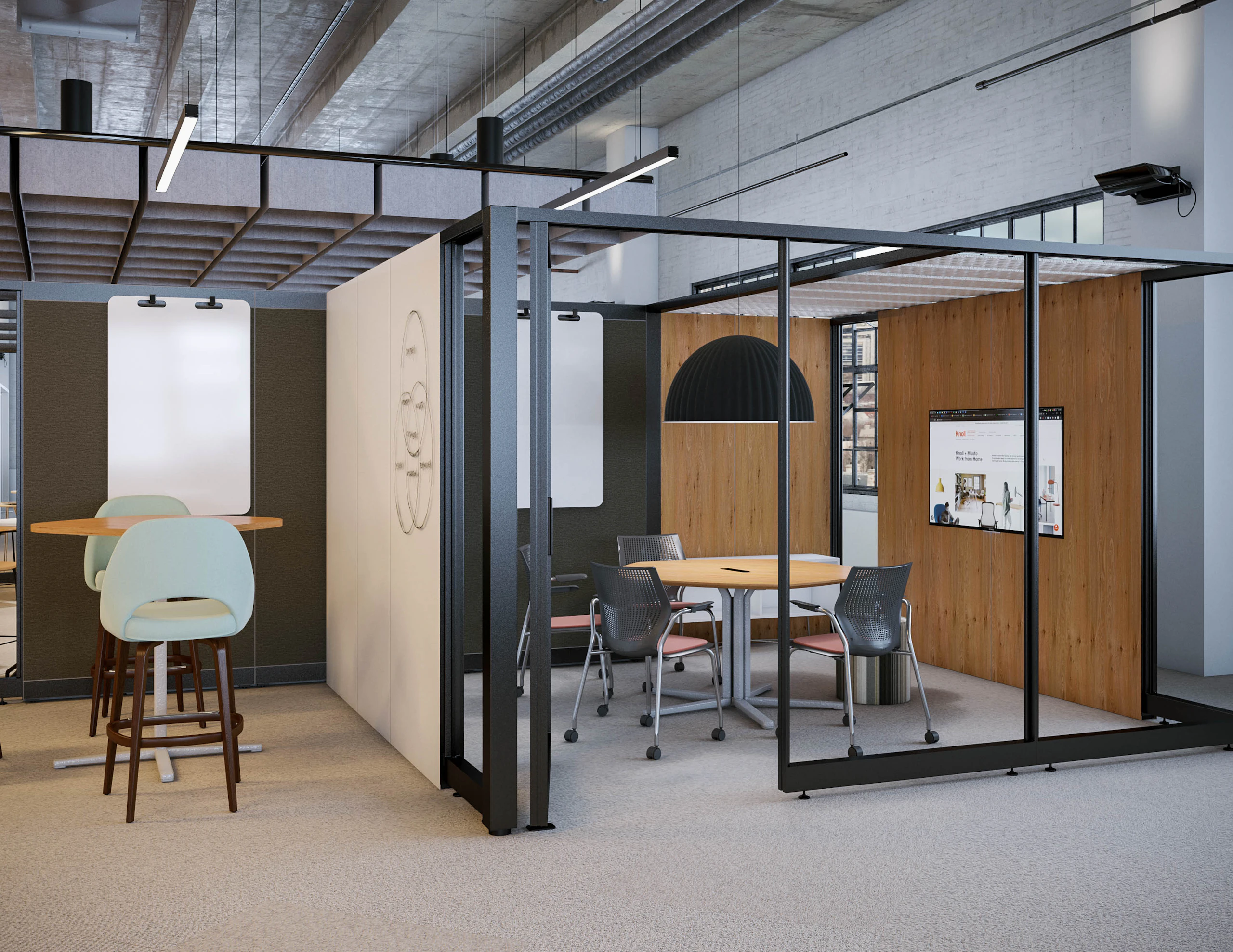 rockwell unscripted creative wall, islands collection by knoll x-base table bar height saarinen executive barstool islands mx-base table multigeneration by knoll chairs, muuto under the bell pendant lamp, thriving workplace, free zone, hybrid meeting, ideation