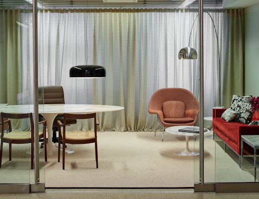 NeoCon 2015 private office perimeter planning Saarinen Womb Chair Saarinen Pedestal Table Florence Knoll Settee Florence Knoll Coffee Table square Saarinen Table oval Sapper Executive Chair Florence Knoll Credenza Krusin Side Chair Dakar drapery The Adjay