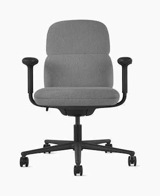 Front view of a mid-back Asari chair by Herman Miller in dark grey with height adjustable arms.