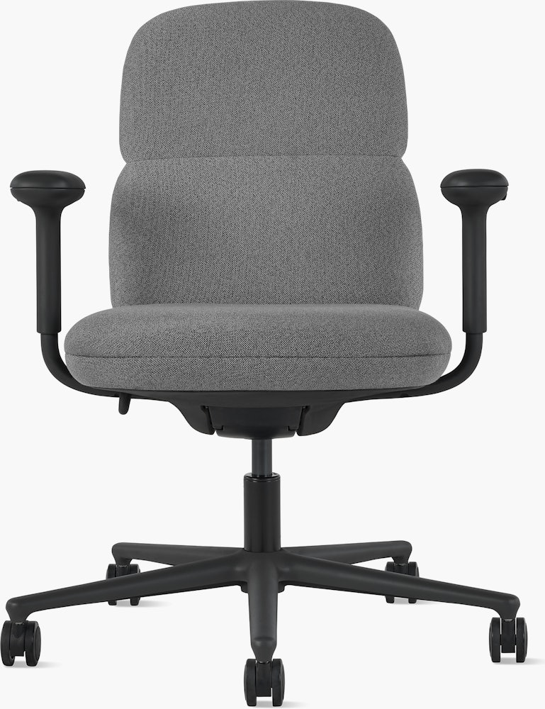 Front view of a mid-back Asari chair by Herman Miller in dark grey with height adjustable arms.