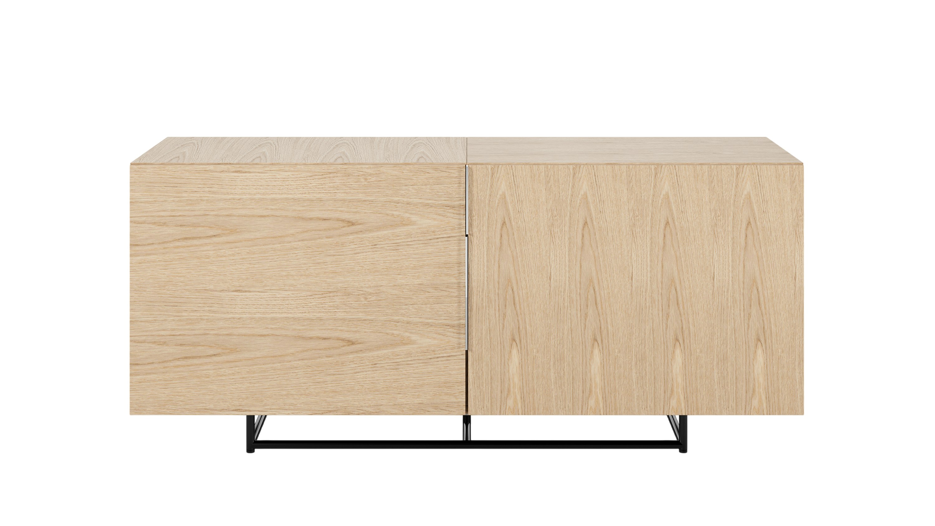 Two unit wide Domino Credenza with shelf storage in oak with a black base viewed from the front.
