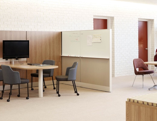 Dividends Horizon Media Enclave laminate fronts wood grain laminate marker board panels beltway power round café table column leg x-base credenza storage knoll essentials refined focus