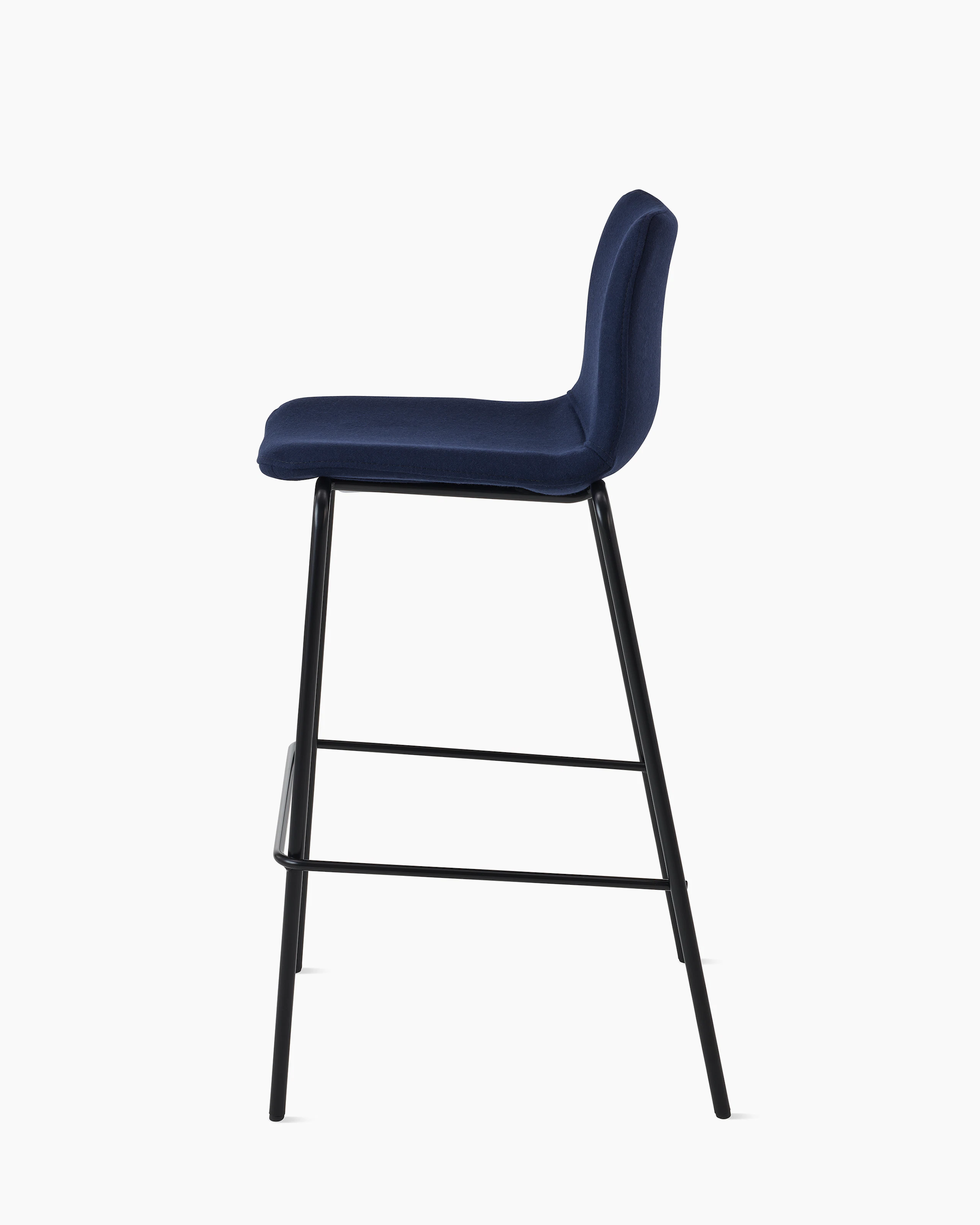 White sweep of Viv stool with dark blue fabric and 4 leg black steel base
