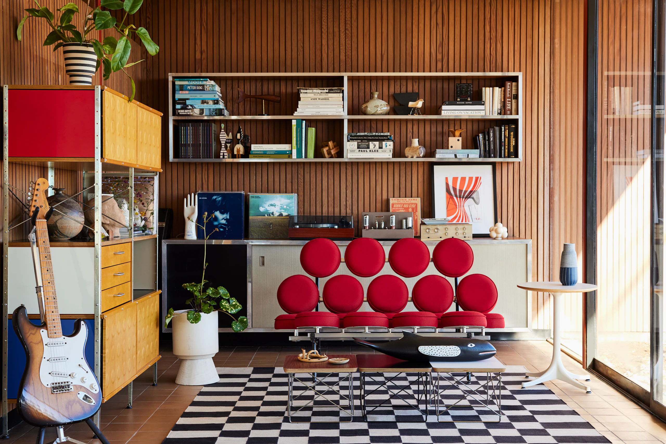 Nelson Marshmallow Sofa, Eames Wire Base Tables, and Eames Storage Unit, 4x2
