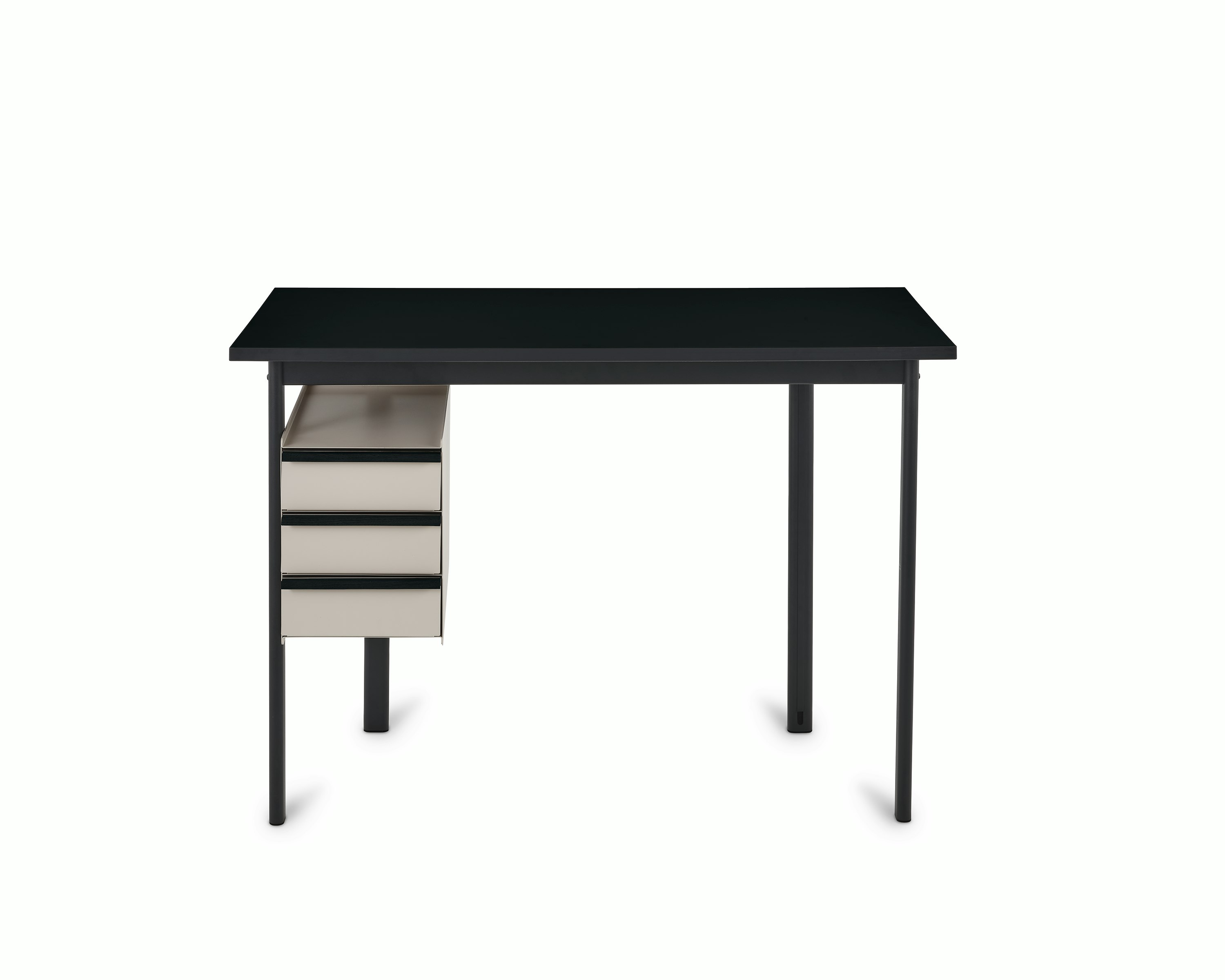 Mode Desk, front view, black top with sandstone drawers