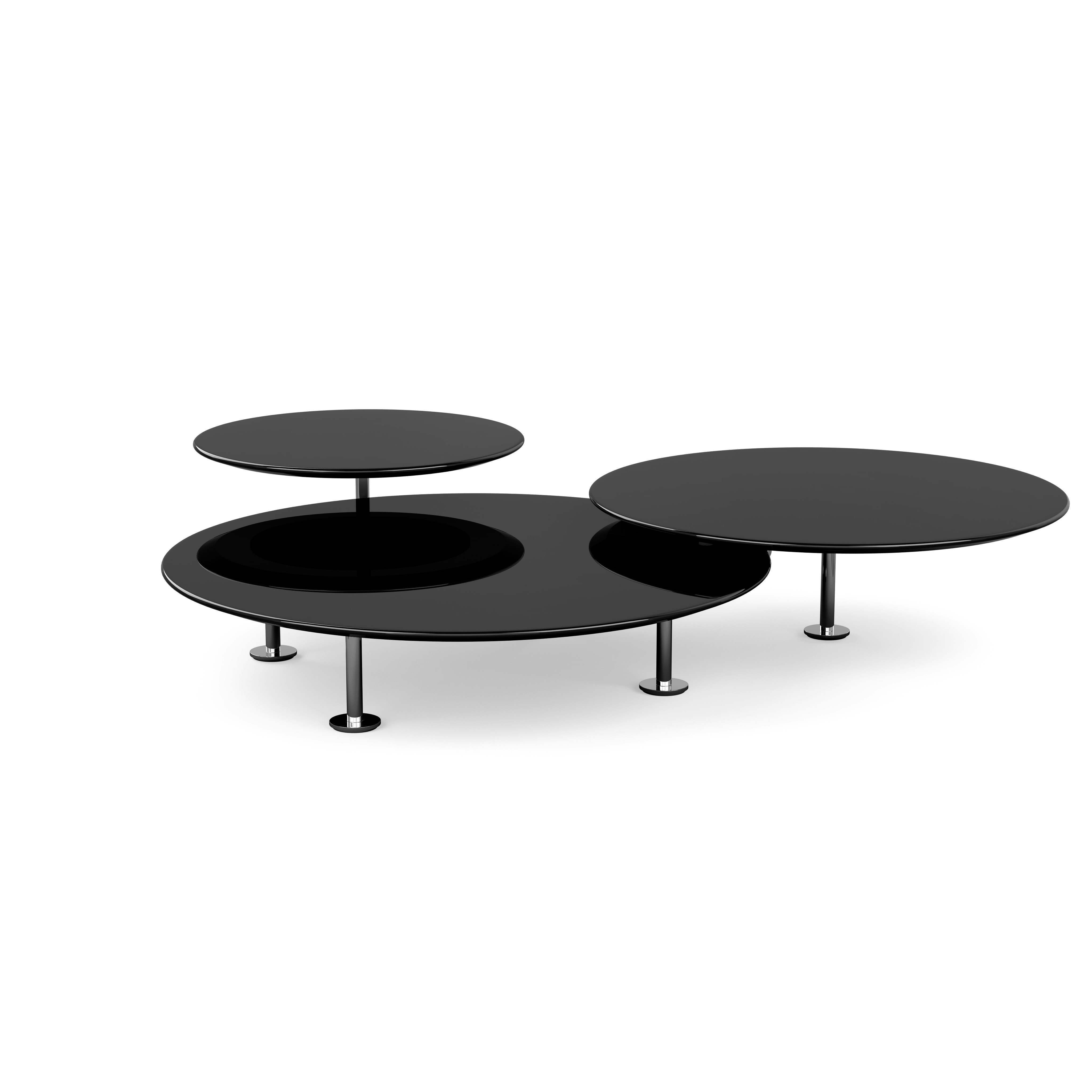 Grasshopper Triple-Top Coffee Table - Glass, Black, Polished Chrome