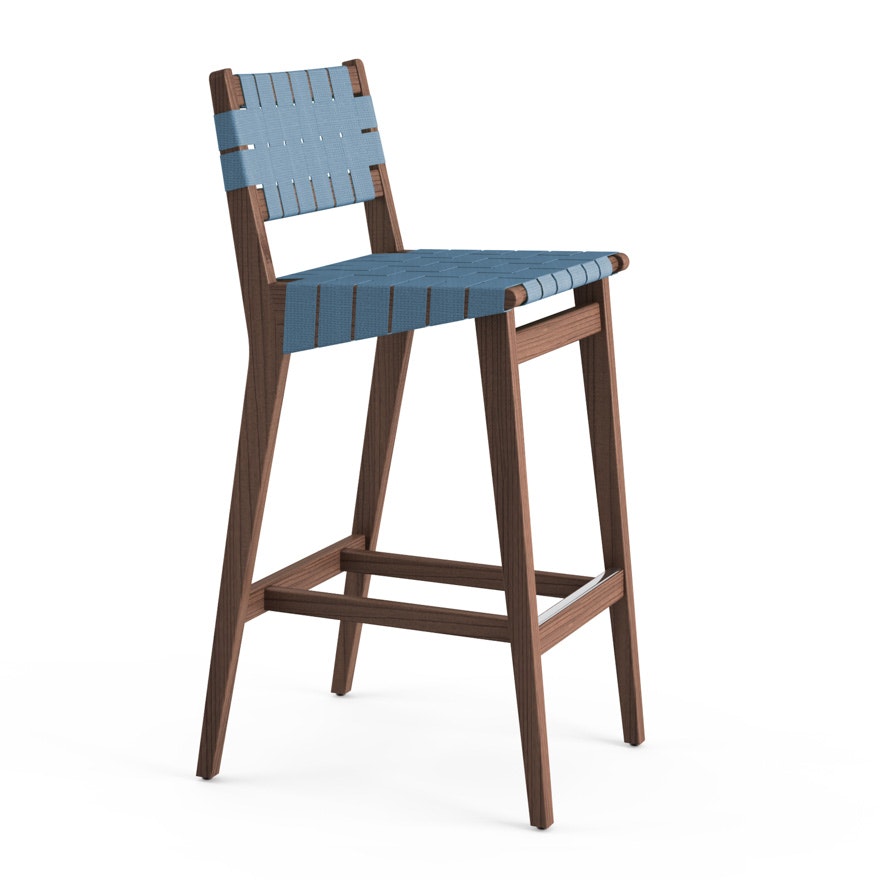 Risom Stool - Bar Height, Walnut, Polished Aluminum, Steel Blue Cotton