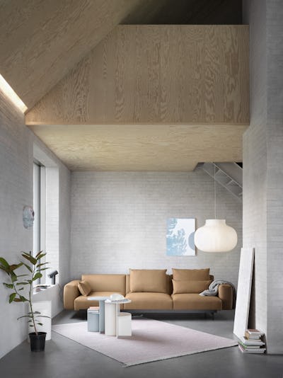 In Situ Modular Sofa - 3-Seater Configuration 1 - Fiord 451,  Ply Rug - Rose,  Halves Side Table - Sand & Sage Green,  Strand Pendant lamp - Whitem Ride Vase - Off-White