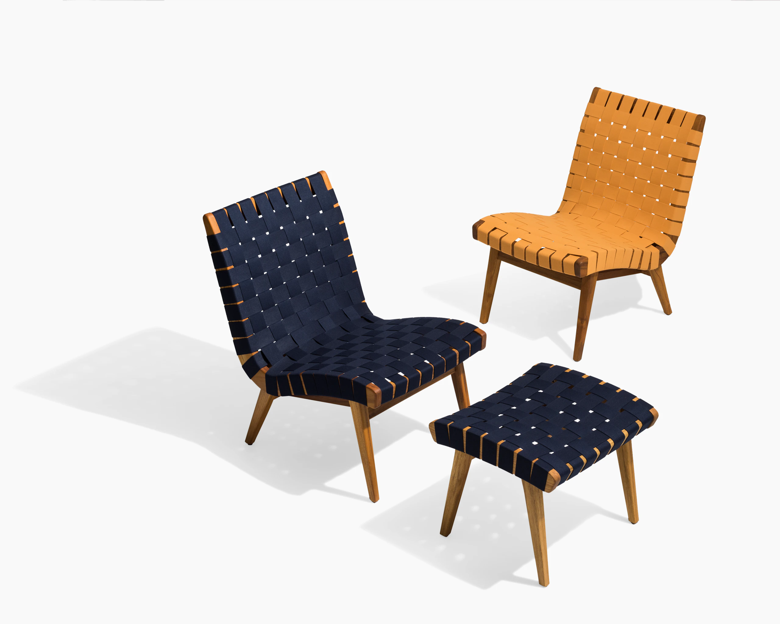 With Risom Ottoman Fern Sunbrella Webbing Ochre Sunbrella Webbing Teak Frame Outdoor