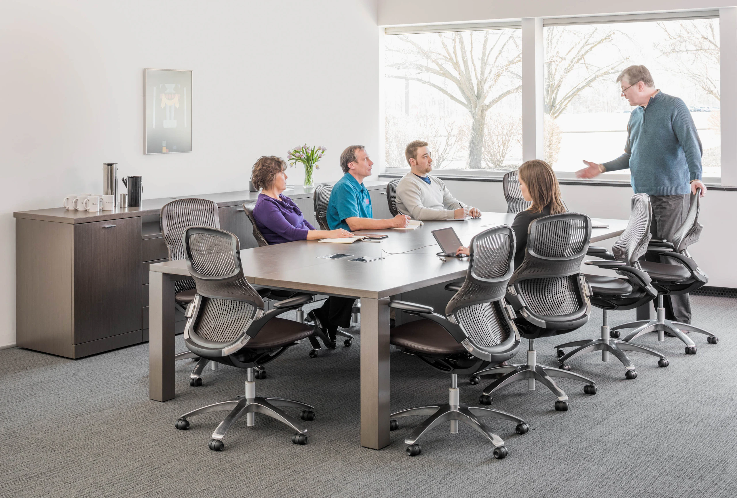 Knoll wood Reff Profiles conference table with ergonomic Generation by Knoll chairs