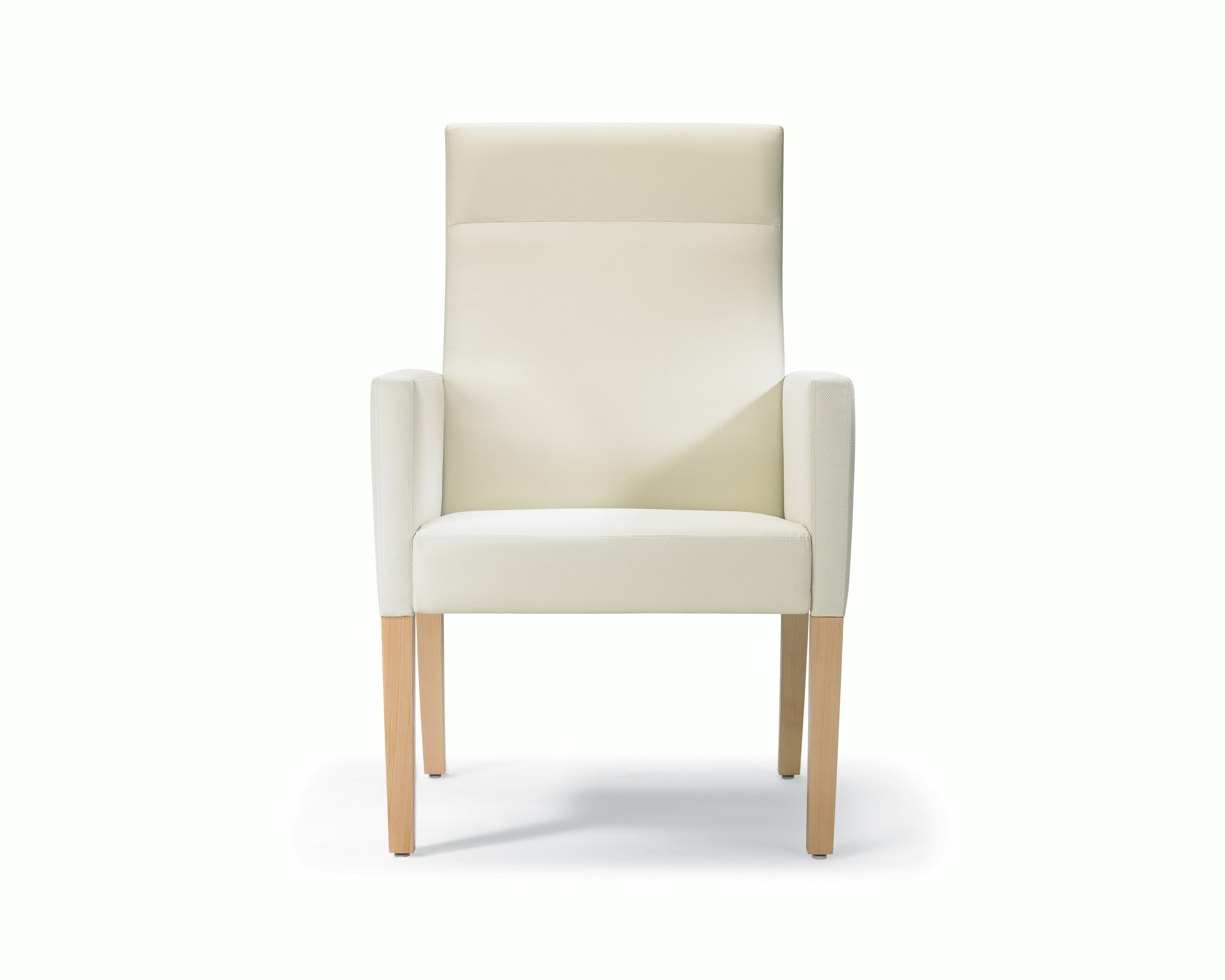 A front view of a Brava 863 high-back patient chair in white textile with fully upholstered arms.