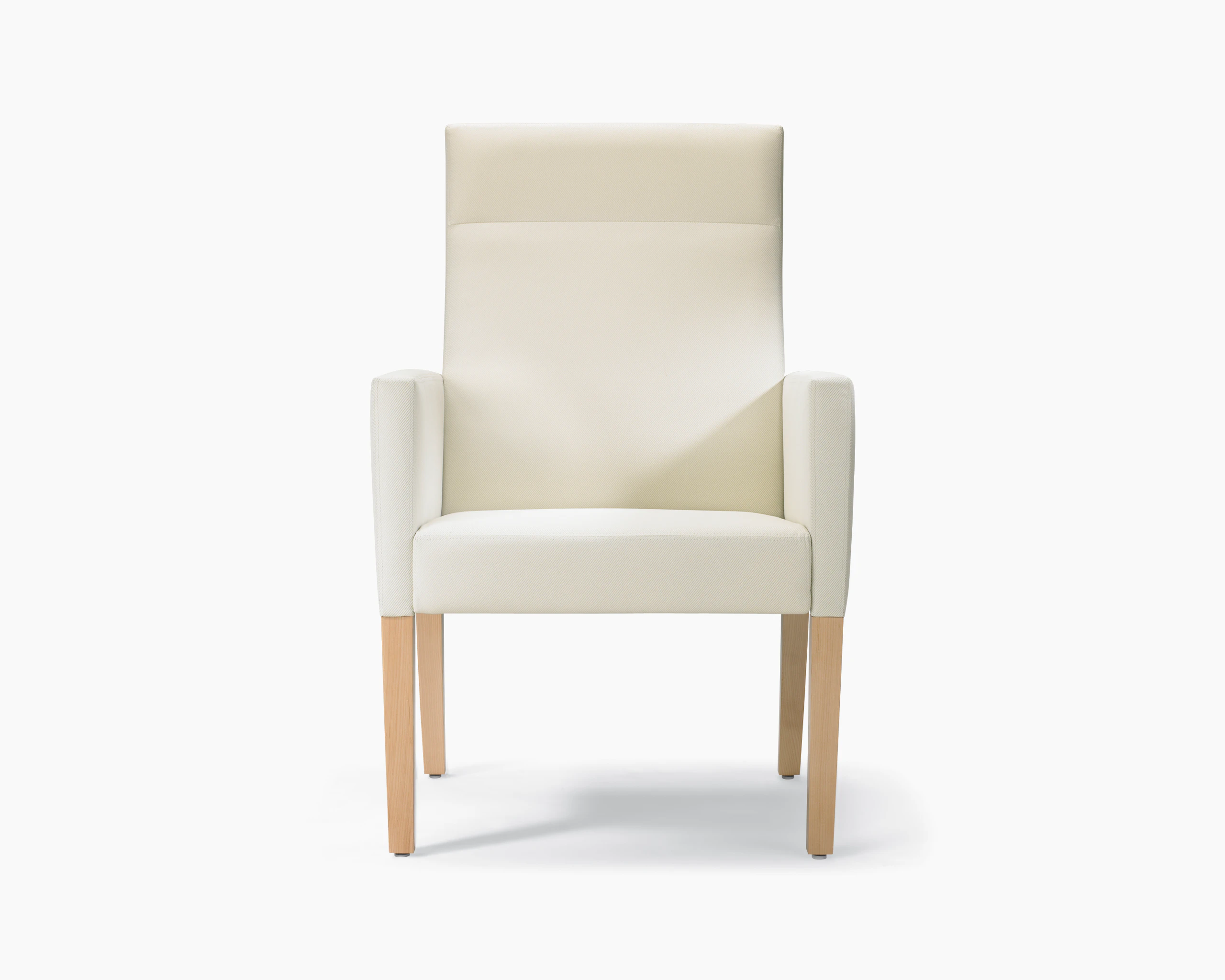 A front view of a Brava 863 high-back patient chair in white textile with fully upholstered arms.