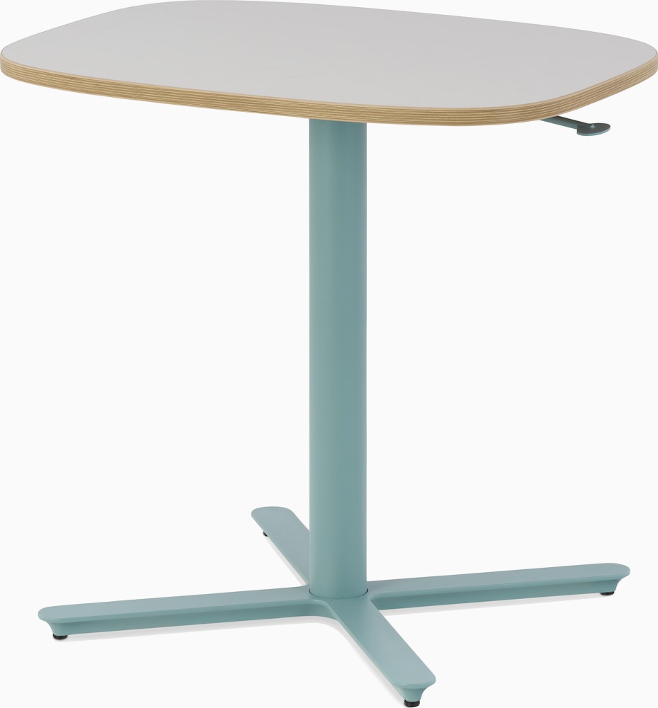 Large Passport Work Table with white surface, plywood edge and light blue base.