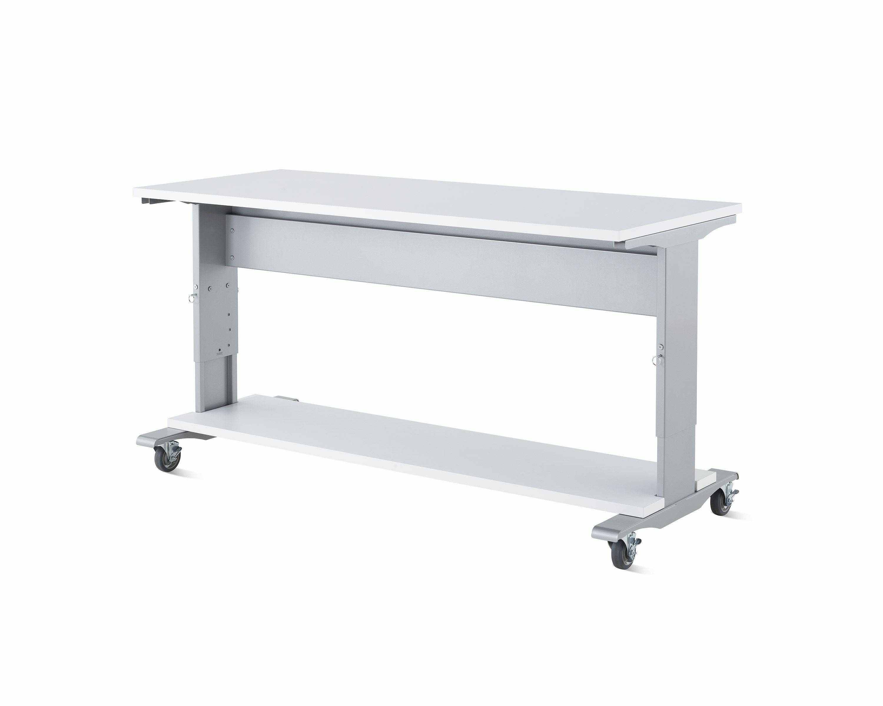 Detail of a Co/Struc System work process table in silver finish with a white top surface and a bottom reagent shelf in white.